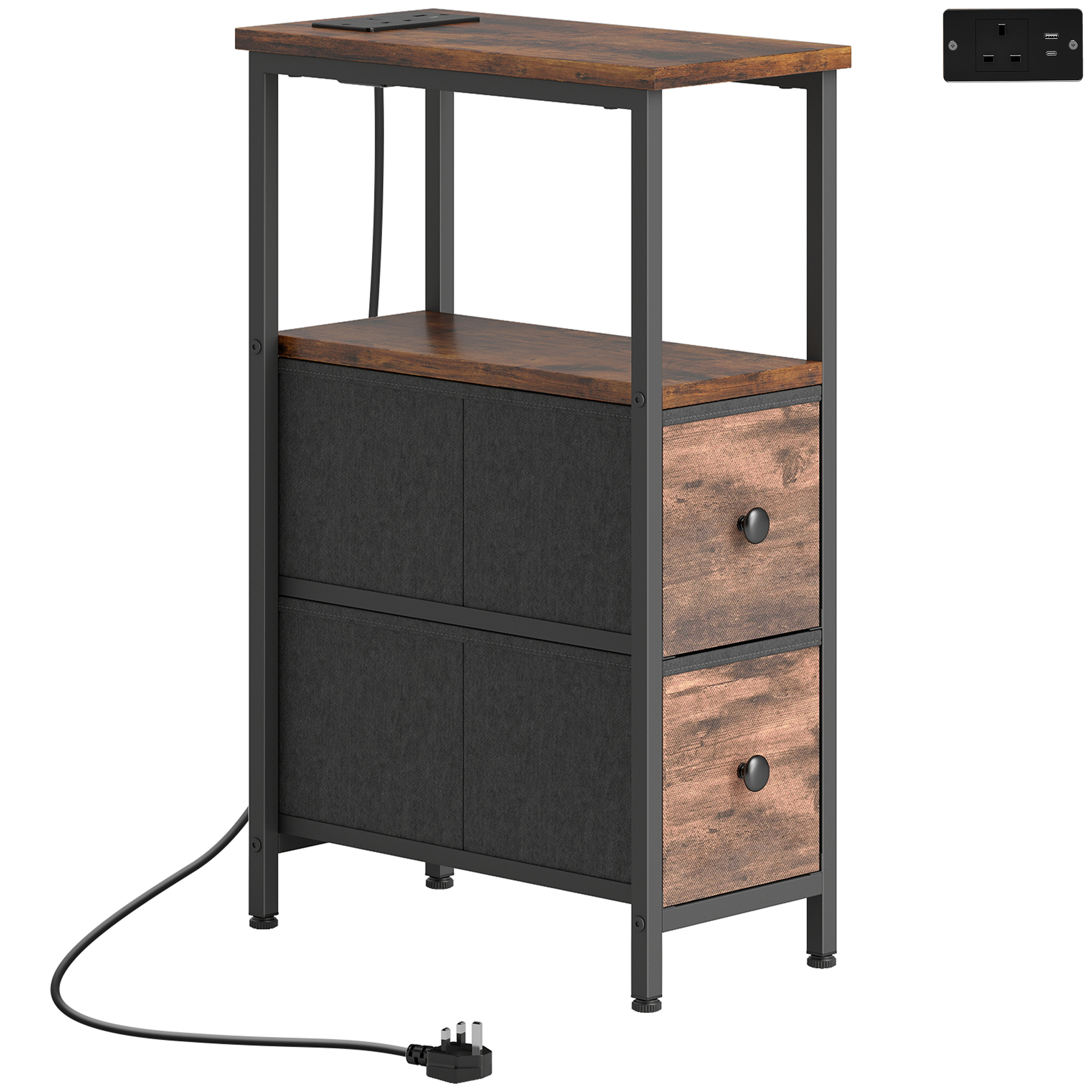ZEFFTON Narrow Bedside Table with Charging Station - Rustic Brown - Life Essentials