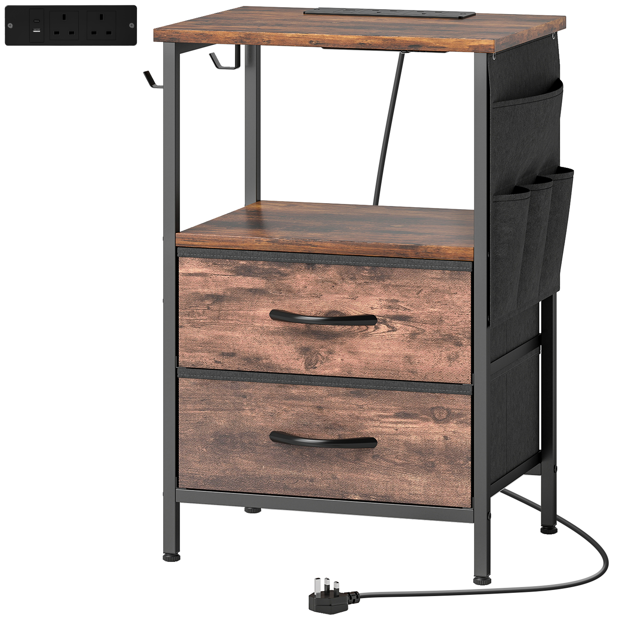 YARDWELL Bedside Table with Charging Station - Rustic Brown - Life Essentials