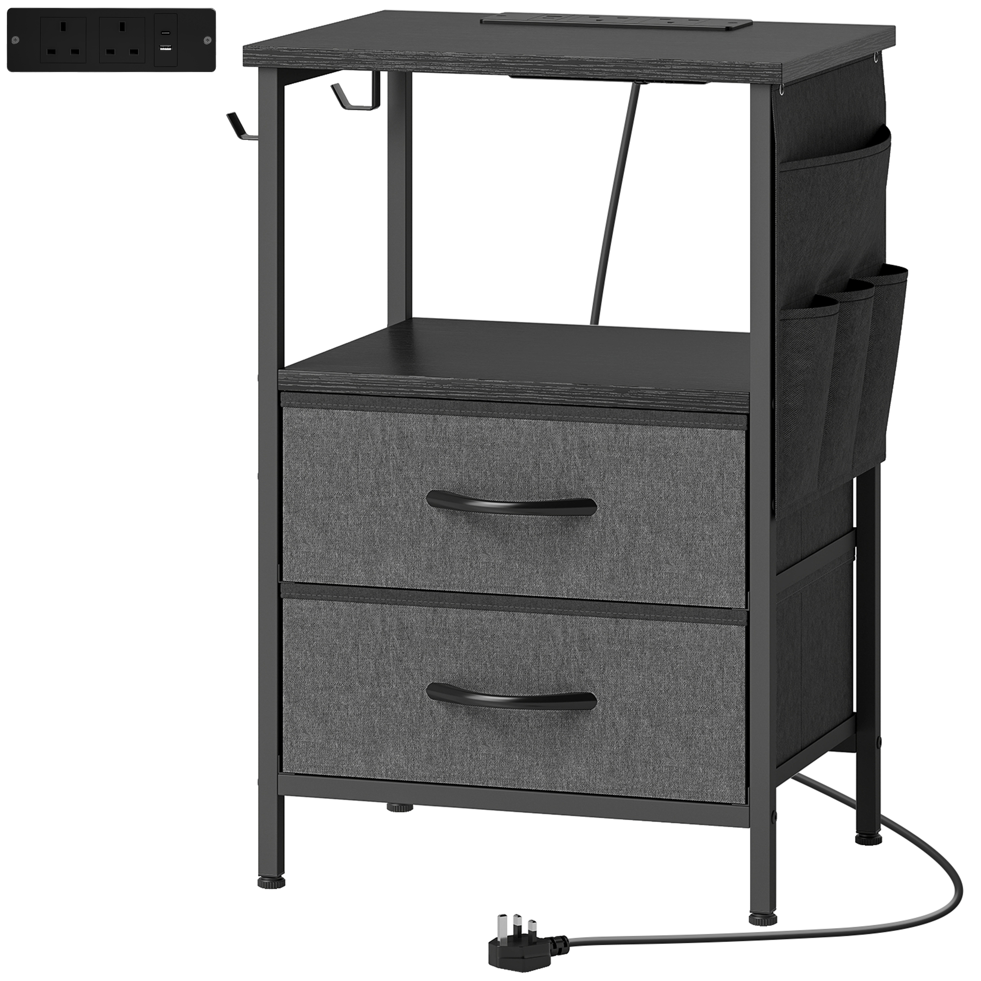 YARDWELL Bedside Table with Charging Station - Black - Life Essentials