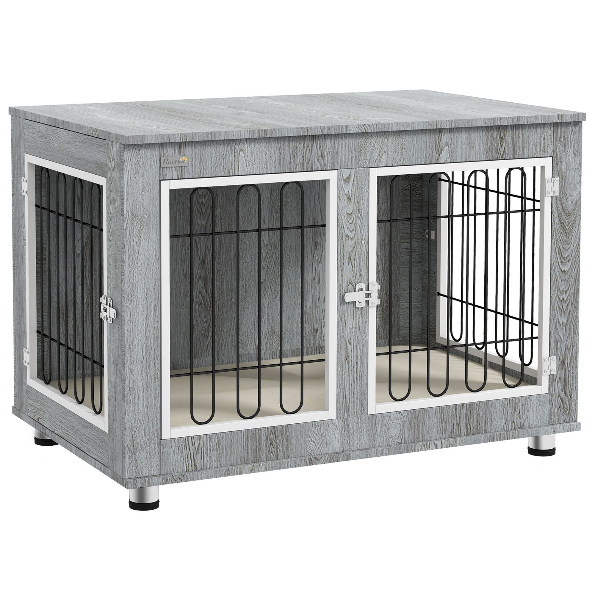 BAKEWELL Dog Crate Furniture End Table with Cushion and Double Doors for Medium and Large Dogs - Grey, White and Black - Life Essentials