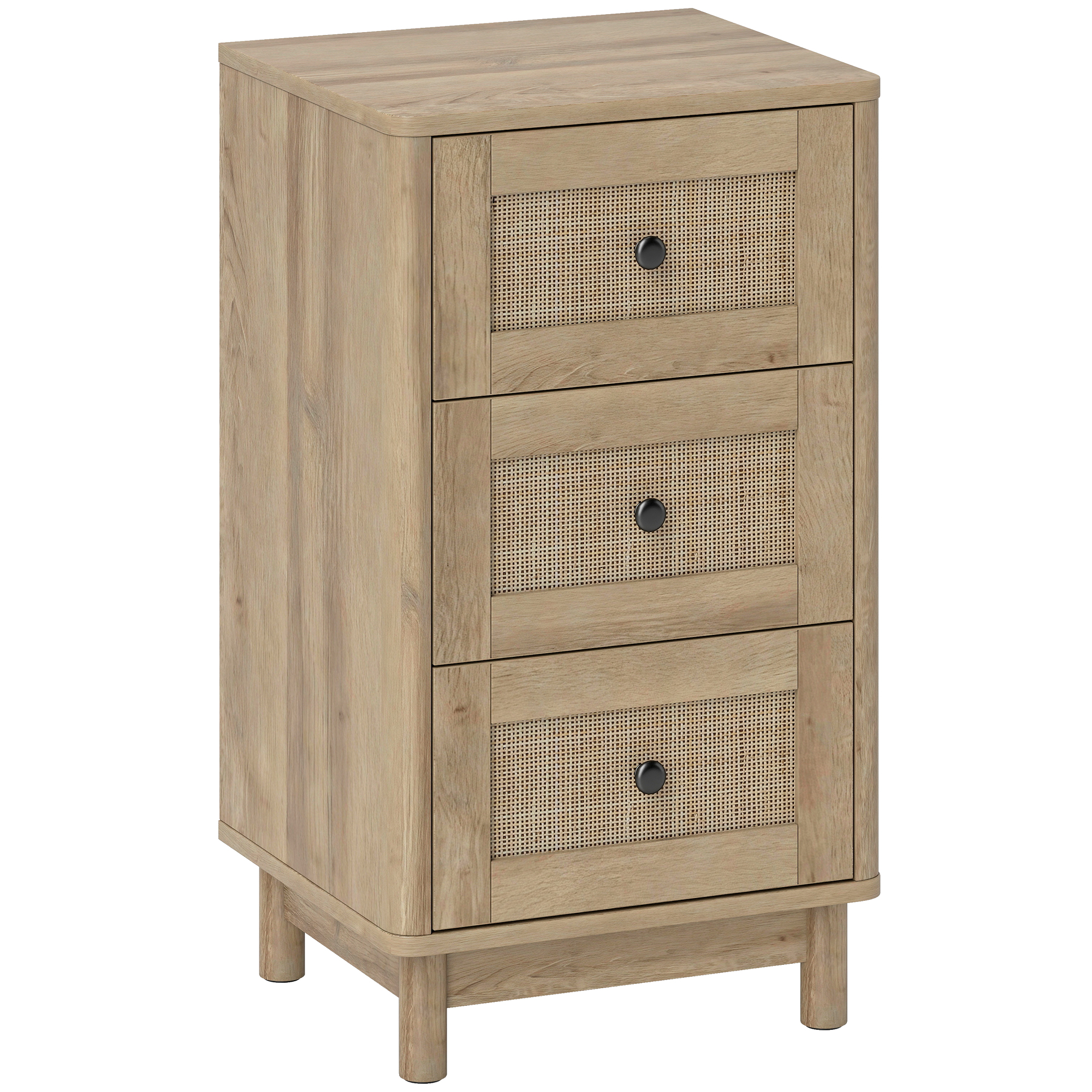 MONORE Oak Finish Chest of Drawers - Tallboy, Small-sized, 3 Drawers, Rattan - Life Essentials