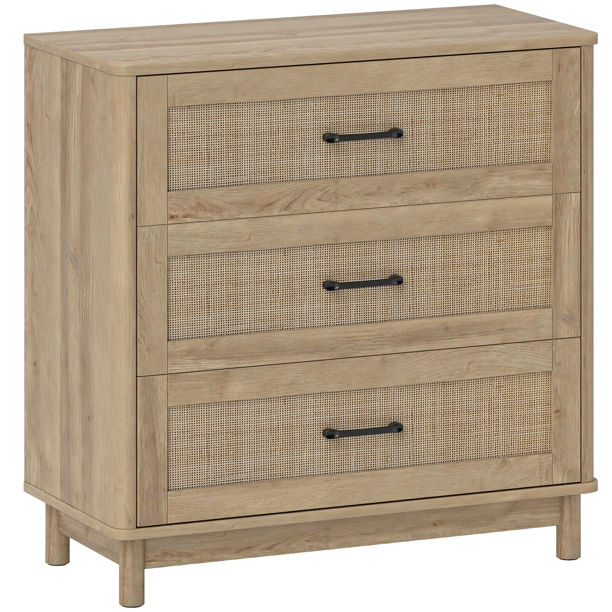 MONARI Oak Finish Chest of Drawers - Medium-sized, 3 Drawers, Rattan - Life Essentials