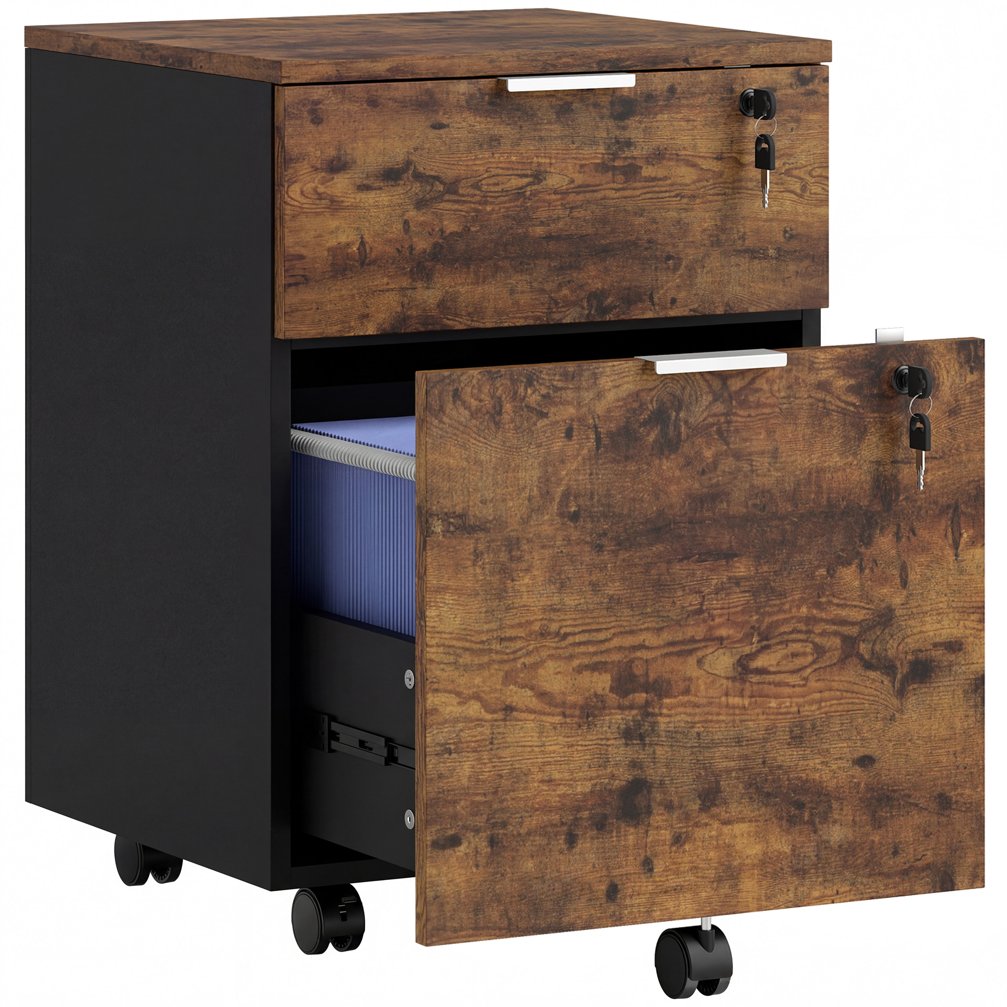 STERELI Wooden 2 Drawer Lockable Filing Cabinet - Rustic Brown - Life Essentials