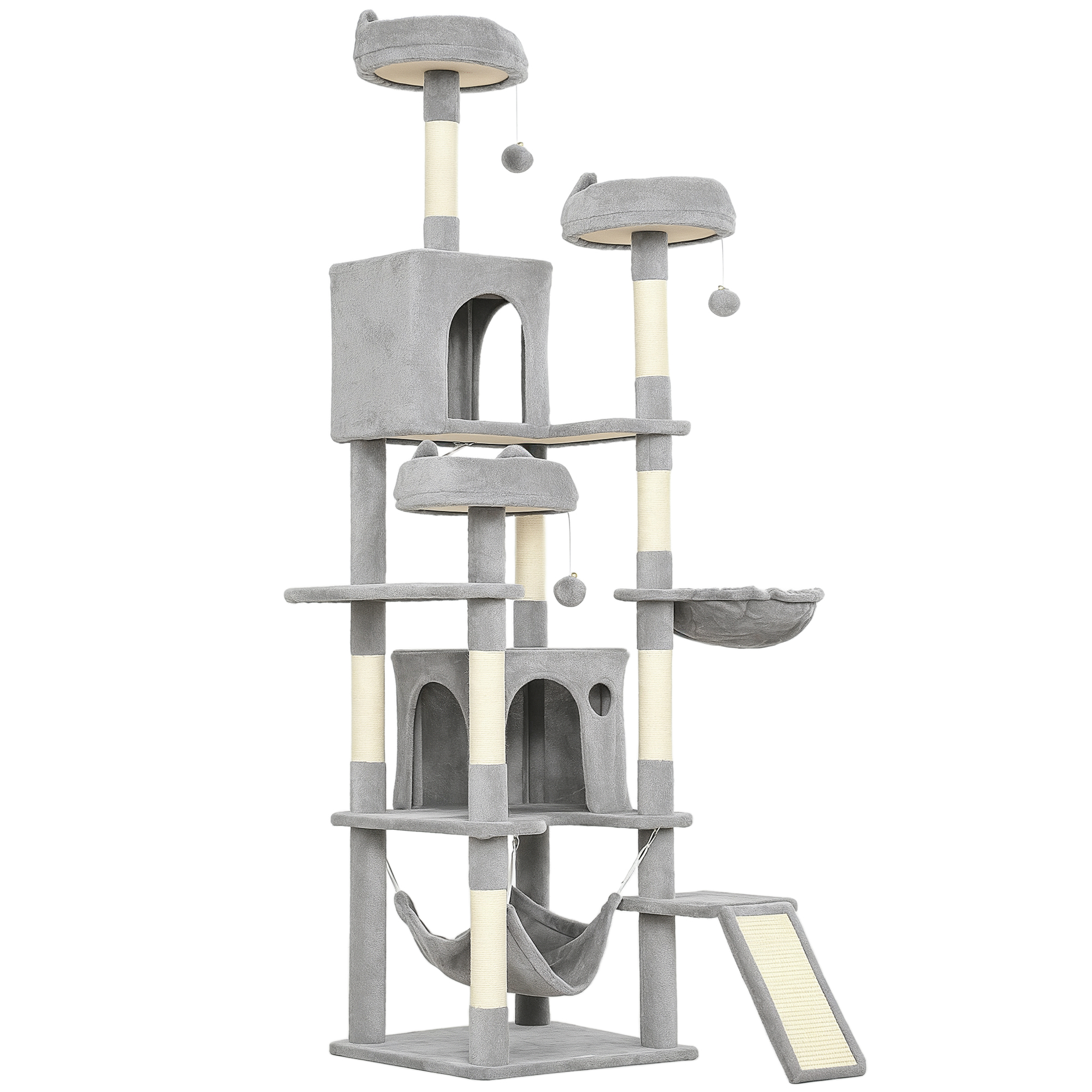 BRANSCOMBE 192 cm Cat Tree with 8 Scratching Posts, 3 Plush Beds and 2 Hammocks - Light Grey and Cream White - Life Essentials