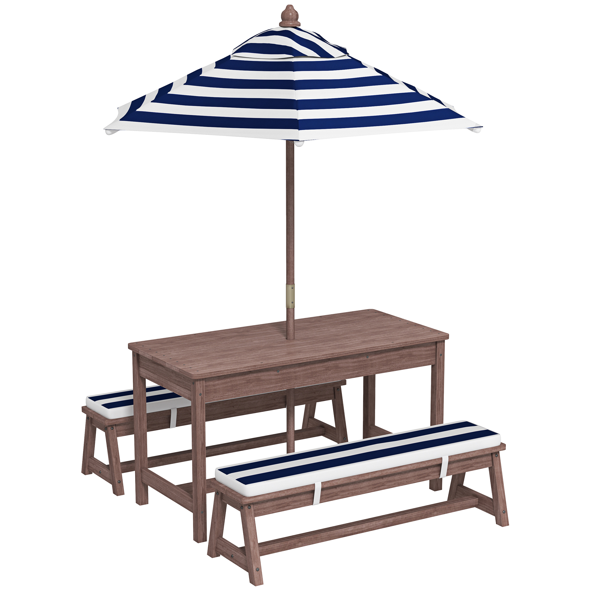 Zenia Navy Blue Fir Wood Camping Table and Bench Set with Parasol - 44cm - Life Essentials
