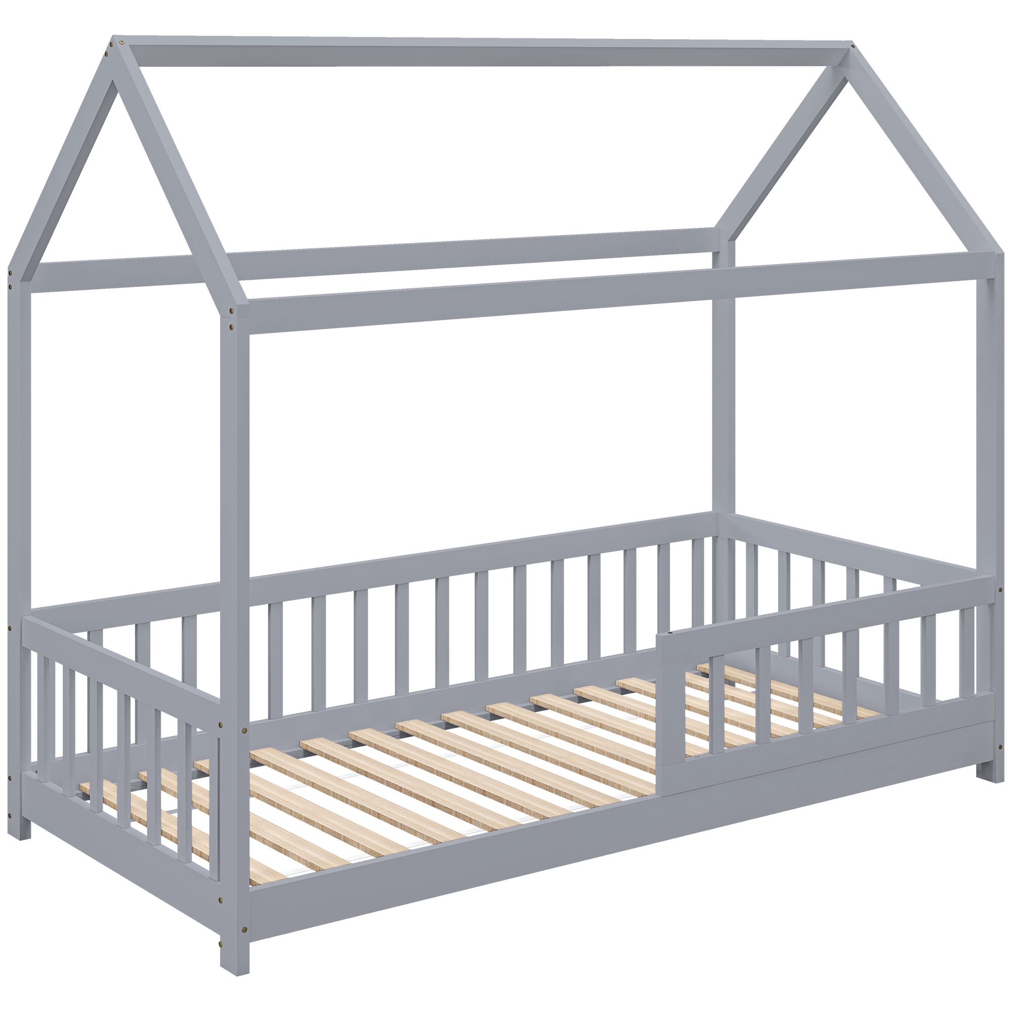 STONLEIGH Kids Single Pine Wood House Bedframe with Guard Rails - Grey - Life Essentials