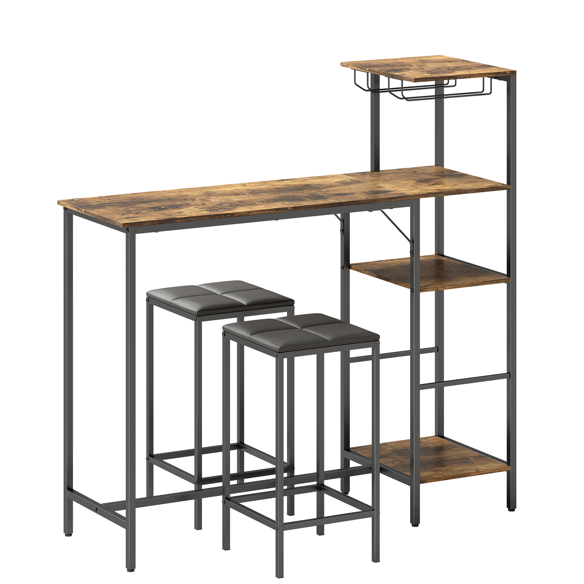 Oakbury Rustic Brown Metal Bar Table with 2 Stools Set - 122cm - Life Essentials