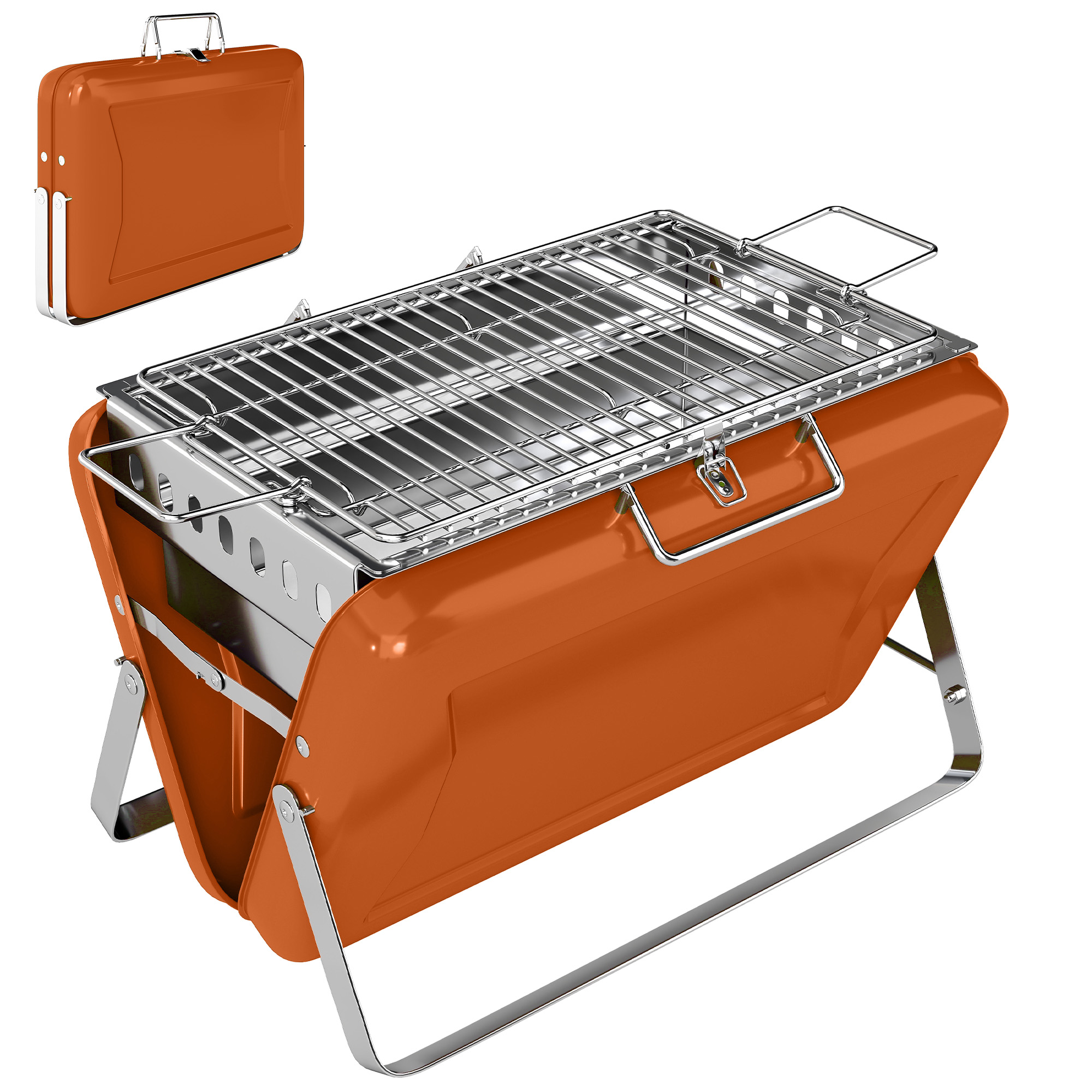 Prilyne Orange Stainless Steel Barbecue Grill with Suitcase Shell - 28cm - Life Essentials
