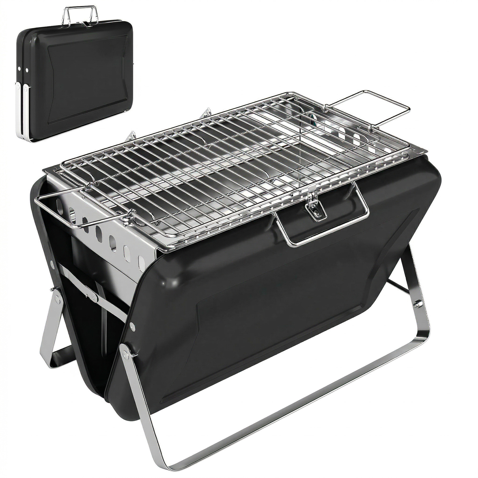 Prilyne Black Stainless Steel Barbecue Grill with Suitcase Shell - 28cm - Life Essentials