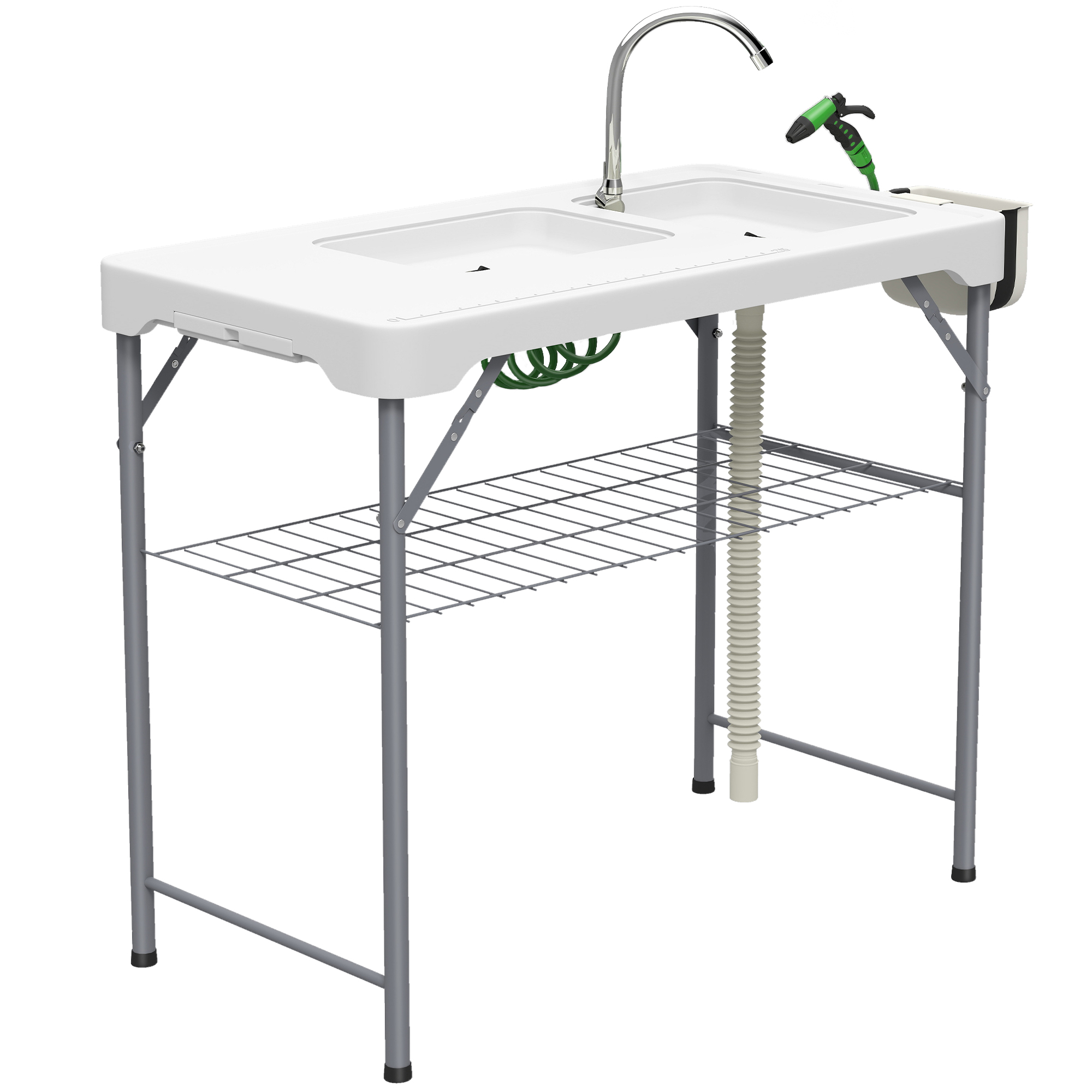 Valune White Metal Folding Fish Cleaning Table with Sinks - 58cm - Life Essentials