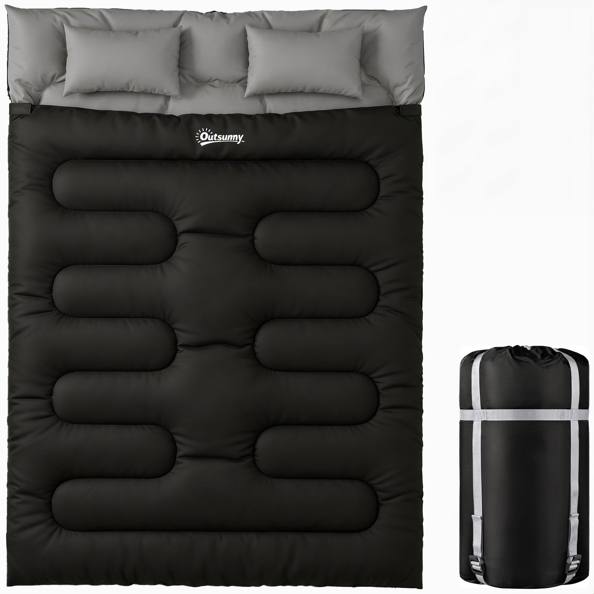 Wexcarr Black Fabric Double Sleeping Bag with 2 Pillows - 160cm - Life Essentials