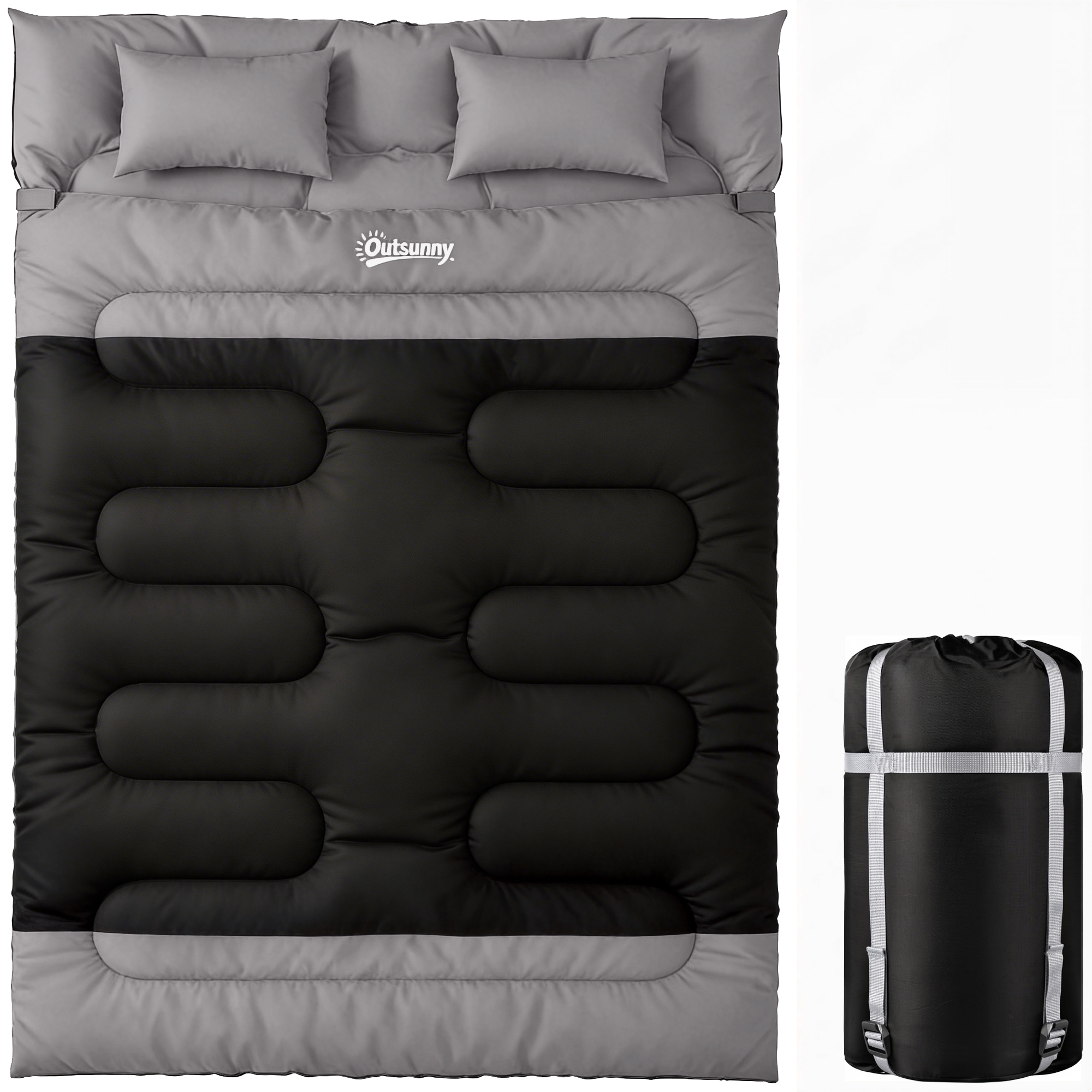 Wexcarr Black and Grey Fabric Double Sleeping Bag with 2 Pillows - 160cm - Life Essentials