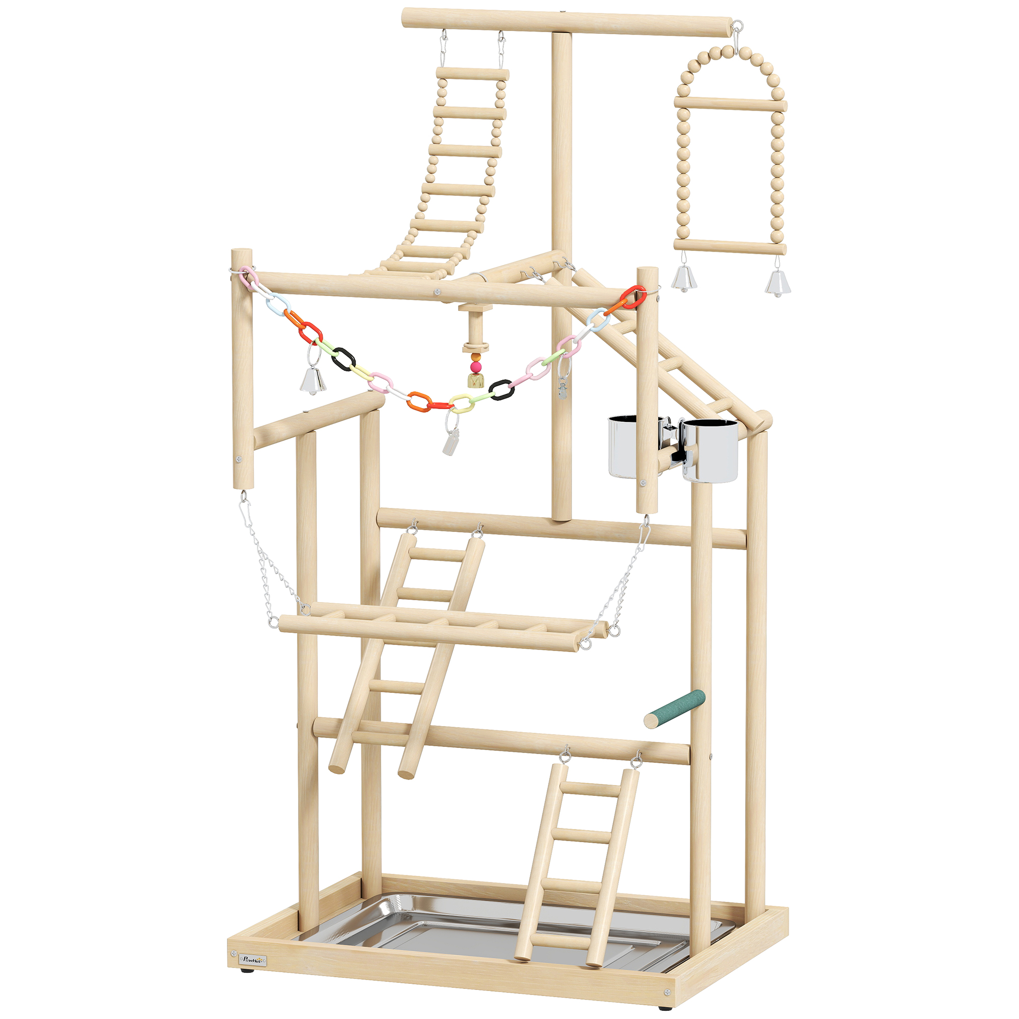 DITCHLING 95 cm Wooden Bird Playground with Ladders, Chain Toy, Steel Cups and Tray - Natural Wood - Life Essentials