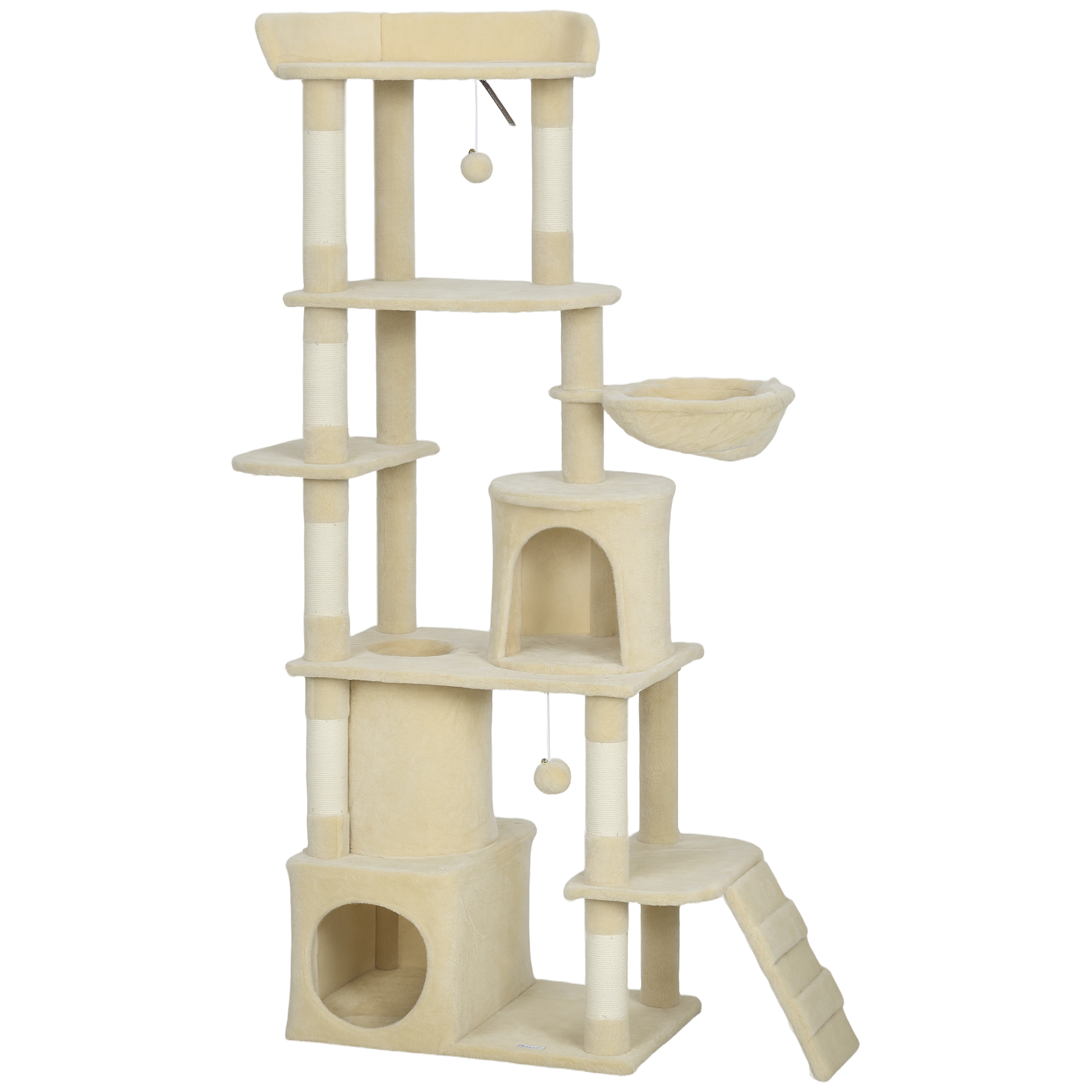 HALYVORN 170 cm Cat Tree with 7 Scratching Posts, 2 Condos, Tunnel, Hammock, Perch and Ramp - Beige and Cream White - Life Essentials