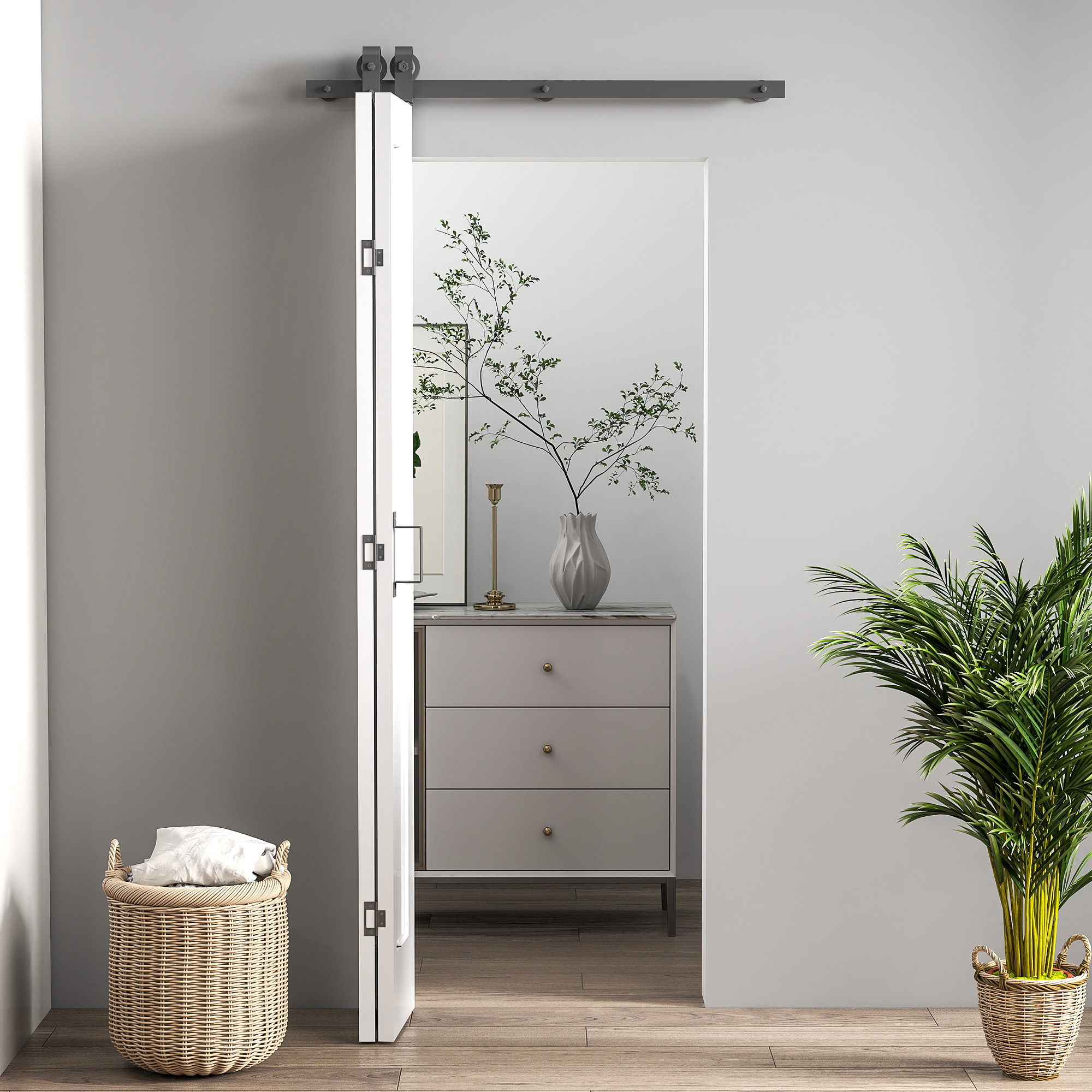 FRINTON 70 cm Sliding Door and Steel Rail Hardware Kit - White and Black - Life Essentials