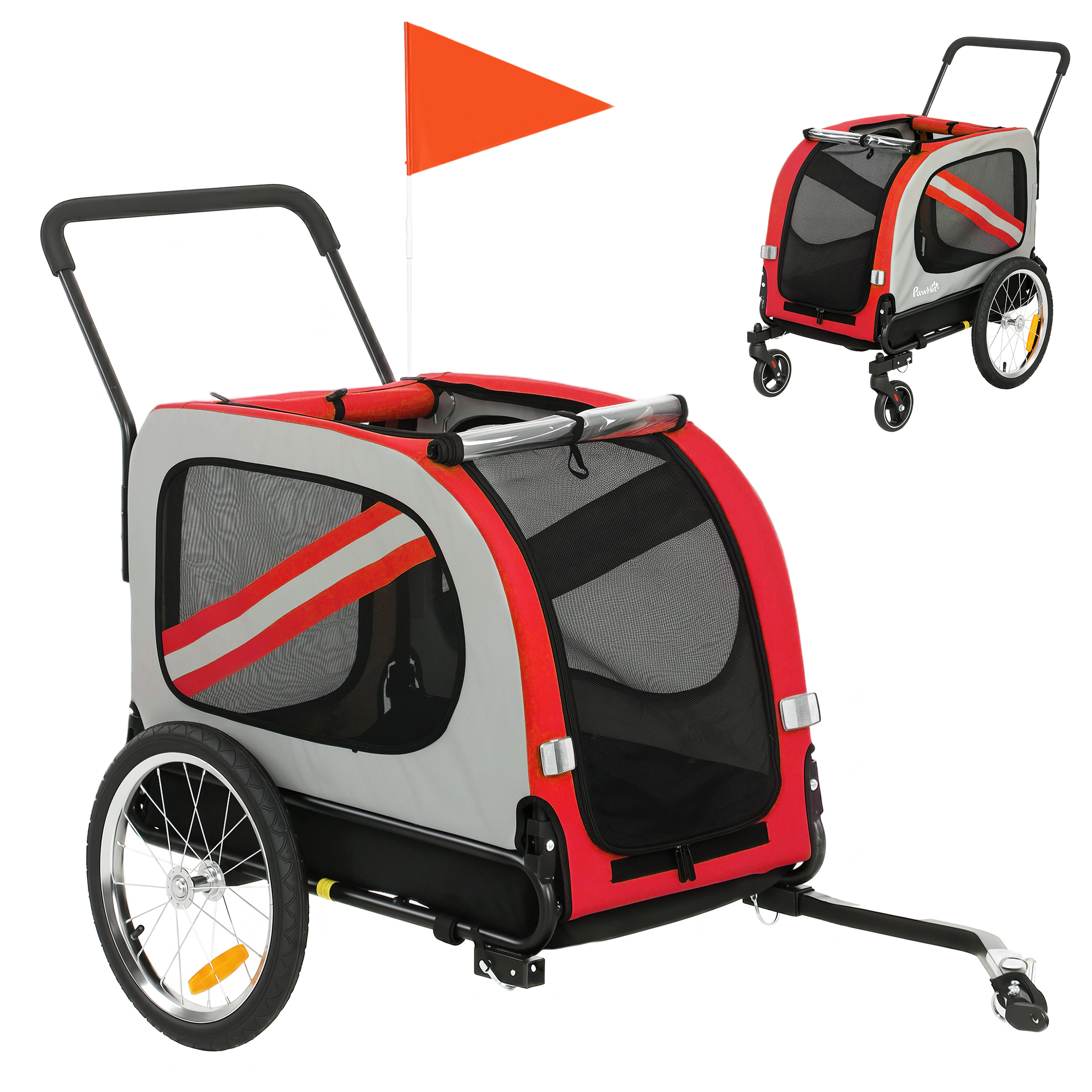 GLASTONBURY 2 in 1 Dog Bike Trailer and Pet Stroller with Universal Wheel and Reflector Flag - Red and Black - Life Essentials