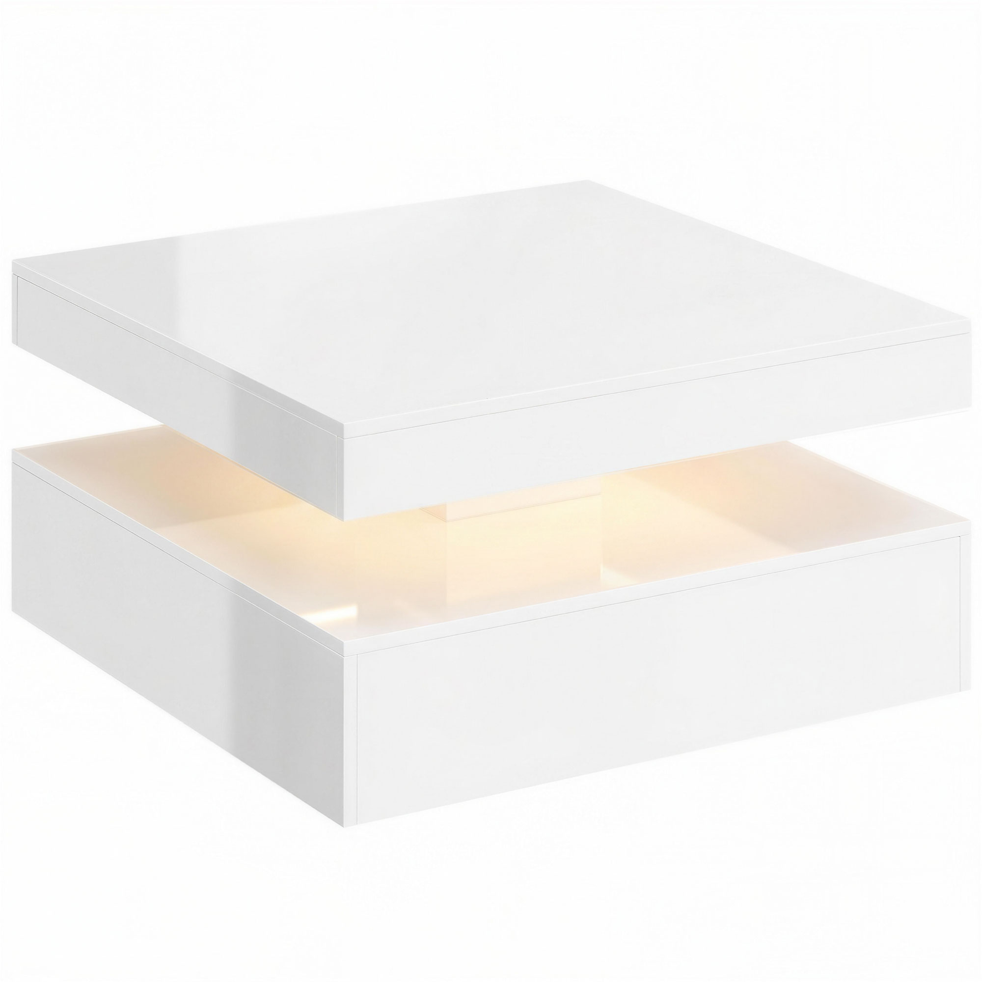 CLANDON High Gloss LED Coffee Table with 2 Tiers, Open Storage Shelf and Remote Control - High Gloss White - Life Essentials