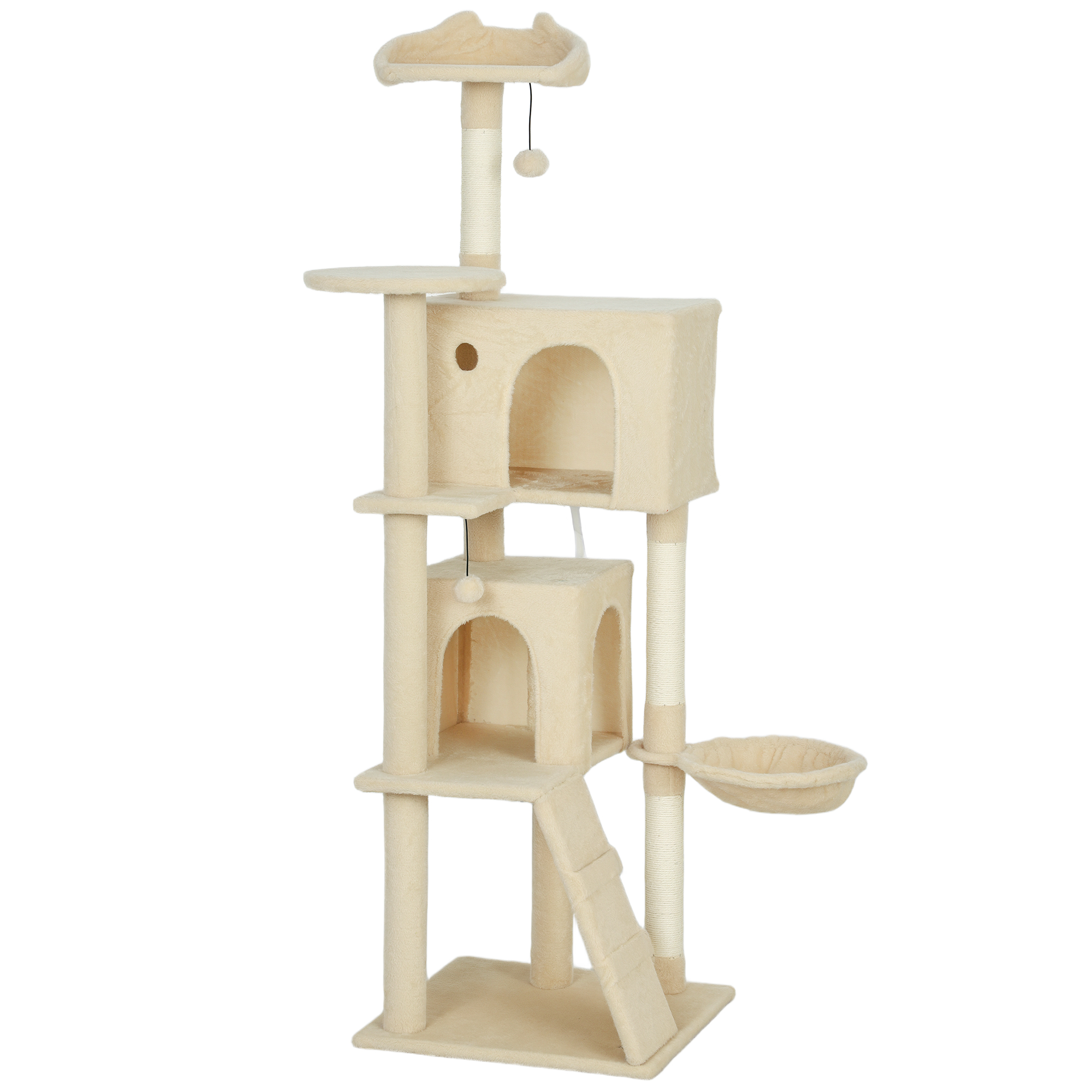 MORNYSS 160 cm Cat Tree with Scratching Posts, Condos, Plush Perches, Hammock and Ladder - Beige and Cream White - Life Essentials
