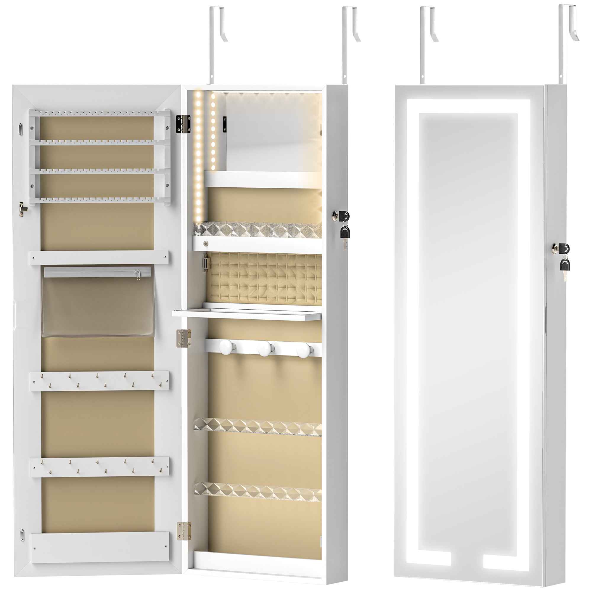BENTHAM Lockable Wall Mounted Jewellery Cabinet with Full Length LED Mirror and Storage - White - Life Essentials