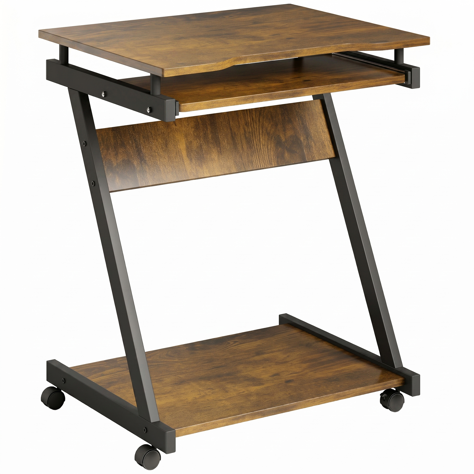 KIRKBY Mobile Computer Desk with 4 Wheels and Keyboard Tray - Rustic Brown - Life Essentials