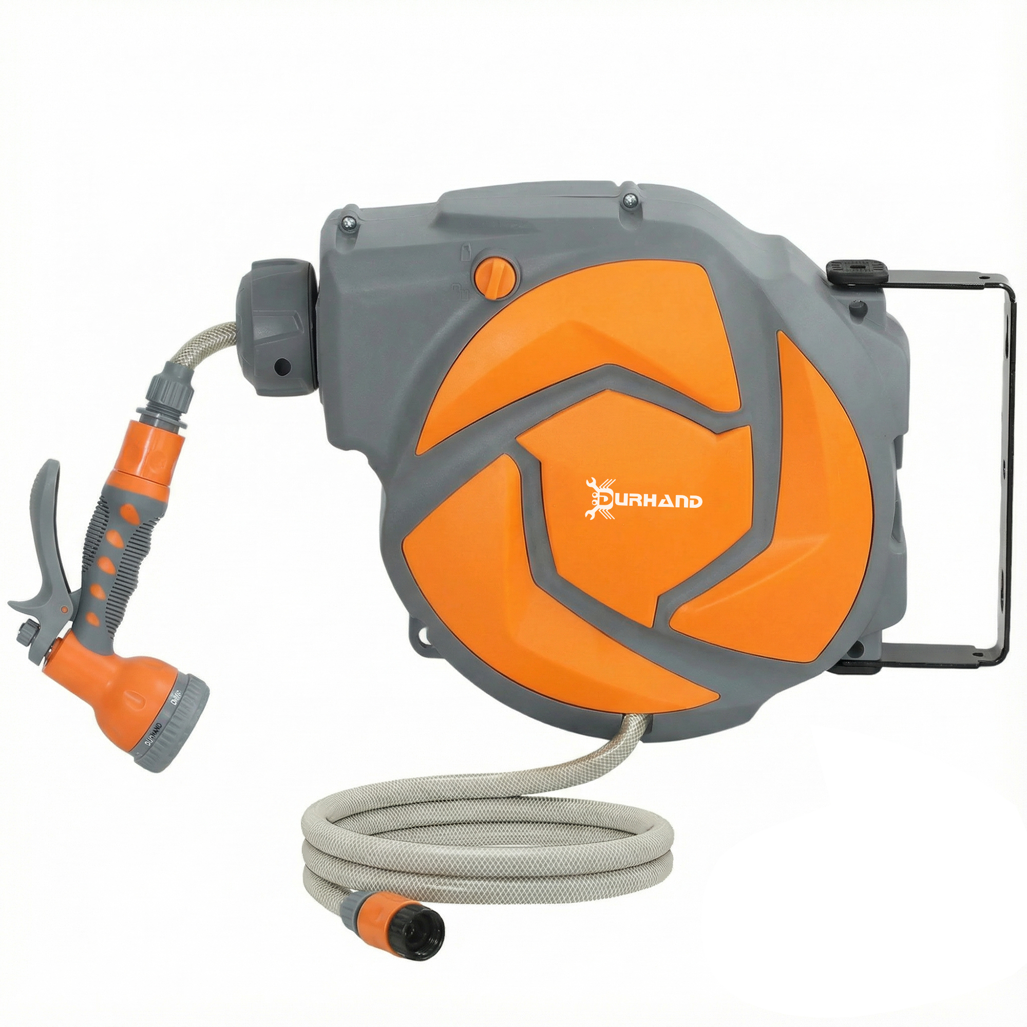 RUSHDEN 10 m Wall Mounted Auto Rewind Garden Hose Reel with 7 Pattern Spray Nozzle - Black and Orange - Life Essentials
