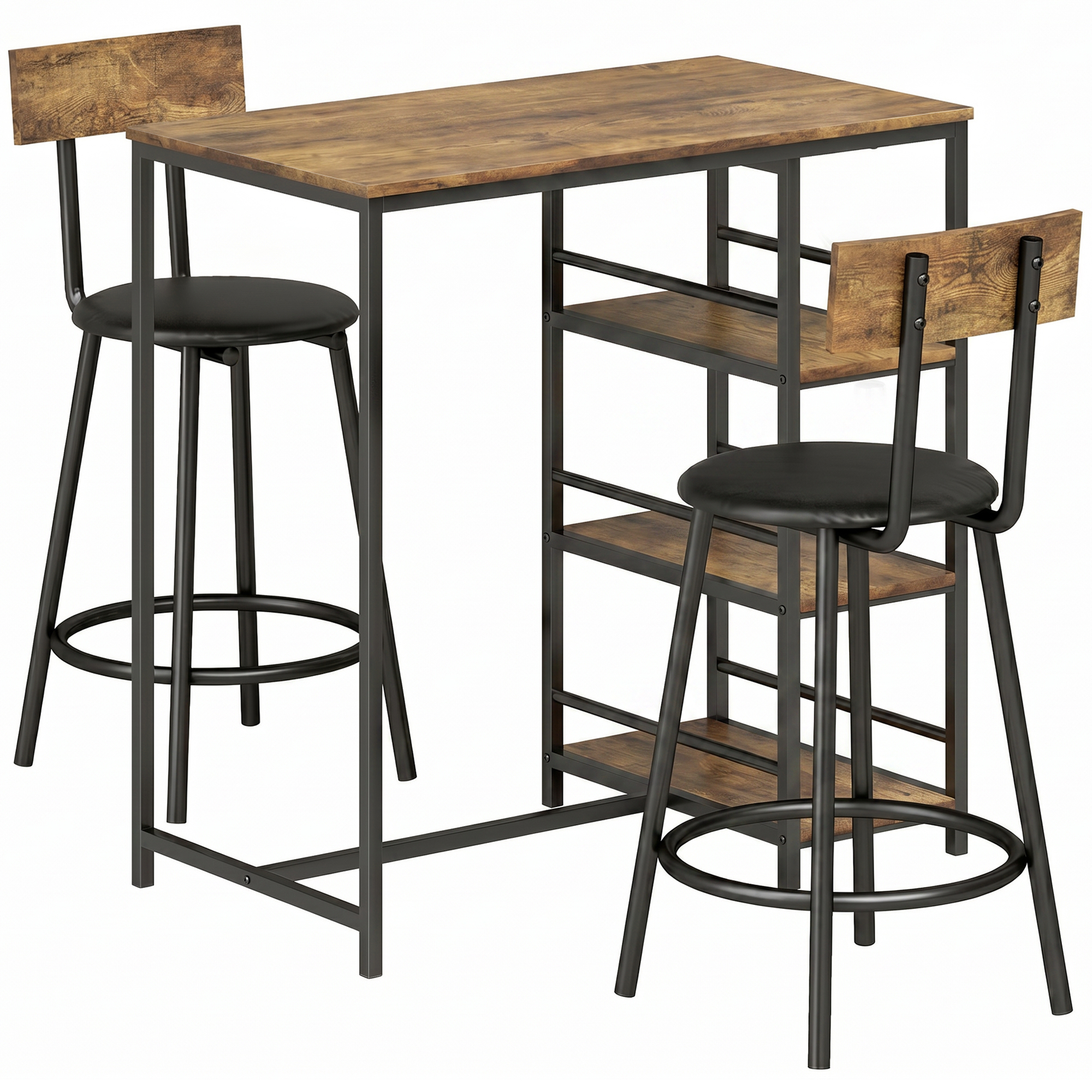 EDGBASTON 3 Piece Breakfast Bar Table and 2 PU Leather Stools Set with Storage Shelves - Rustic Brown and Black - Life Essentials