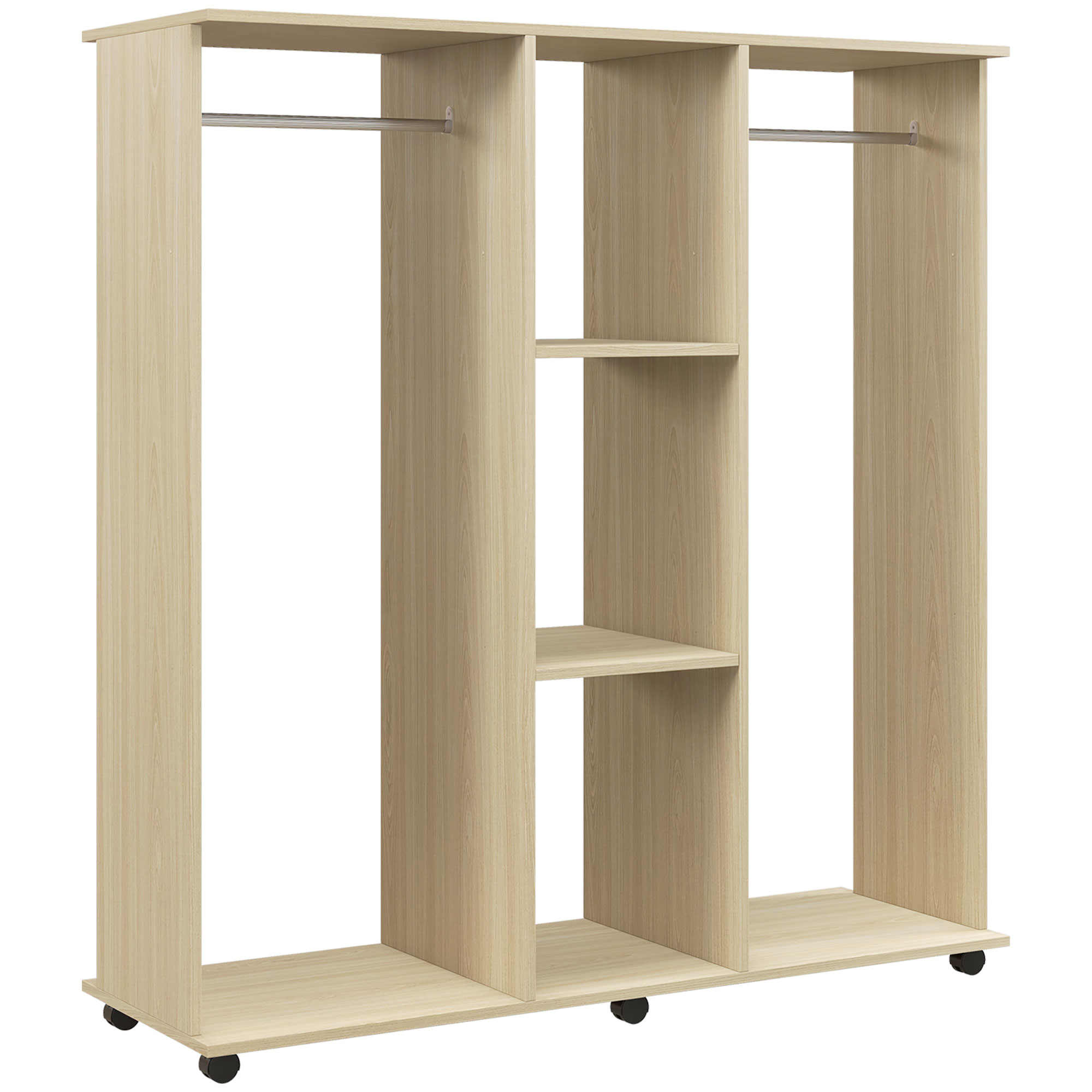 BRENTFORD Double Open Wardrobe with Mobile Storage Shelves and 6 Wheels - Natural Wood Finish - Life Essentials