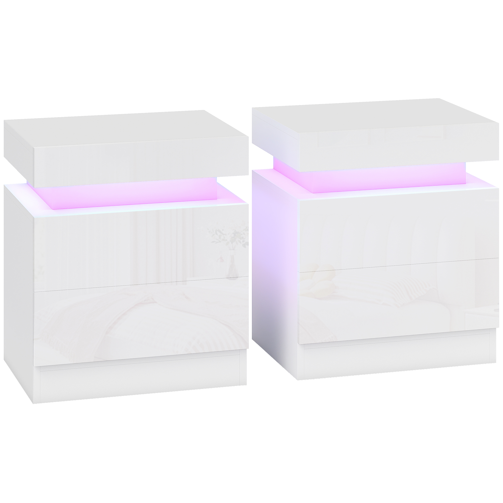 CHARING Set of 2 High Gloss Bedside Tables with LED Lights and 2 Drawers - White - Life Essentials