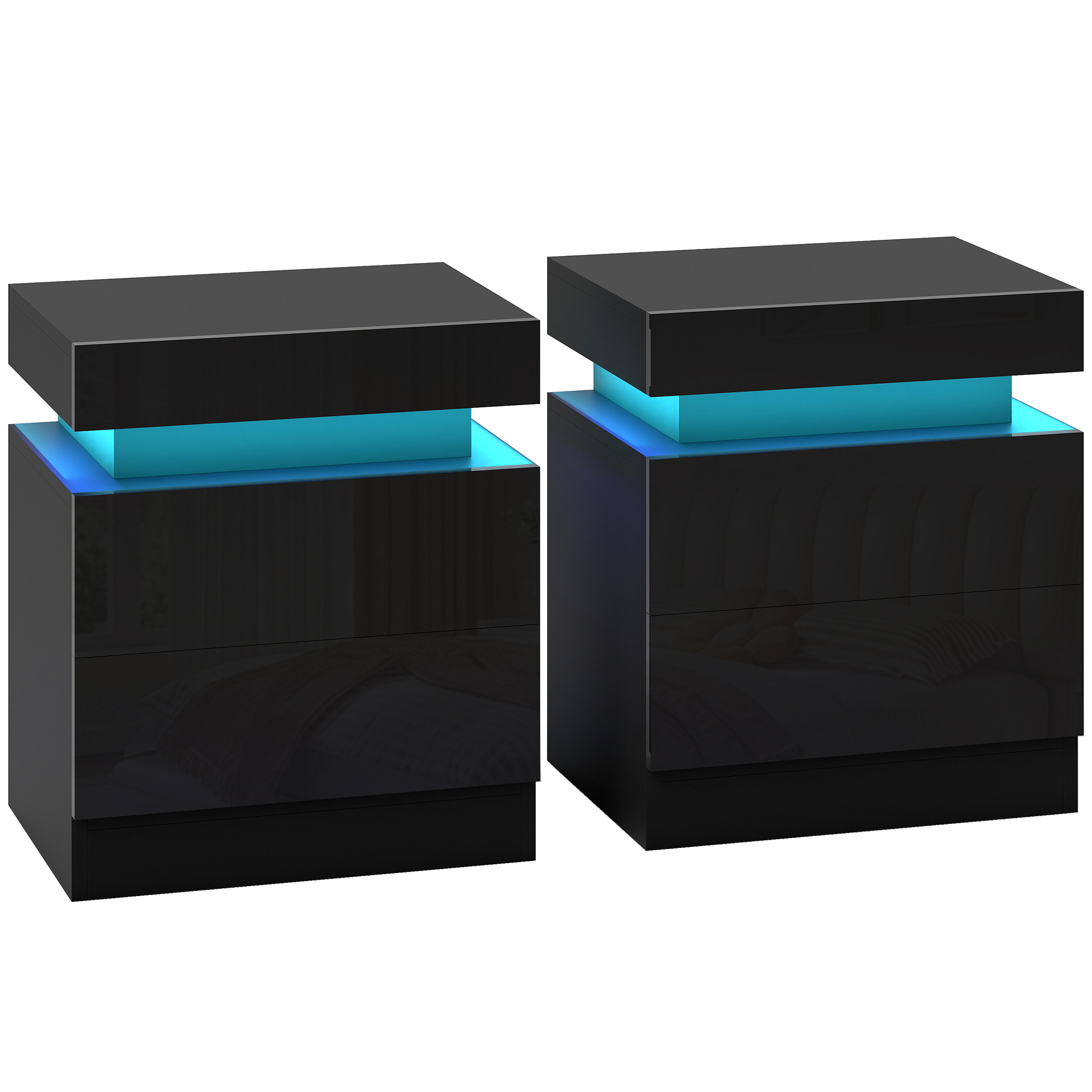 CHARING Set of 2 High Gloss Bedside Tables with LED Lights and 2 Drawers - Black - Life Essentials