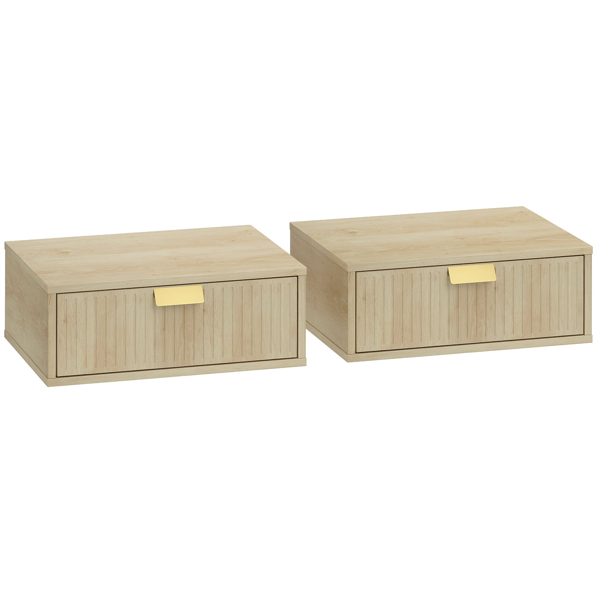 OAKWOOD Set of 2 Wall Mounted Floating Bedside Tables with Wave Drawers - Oak - Life Essentials