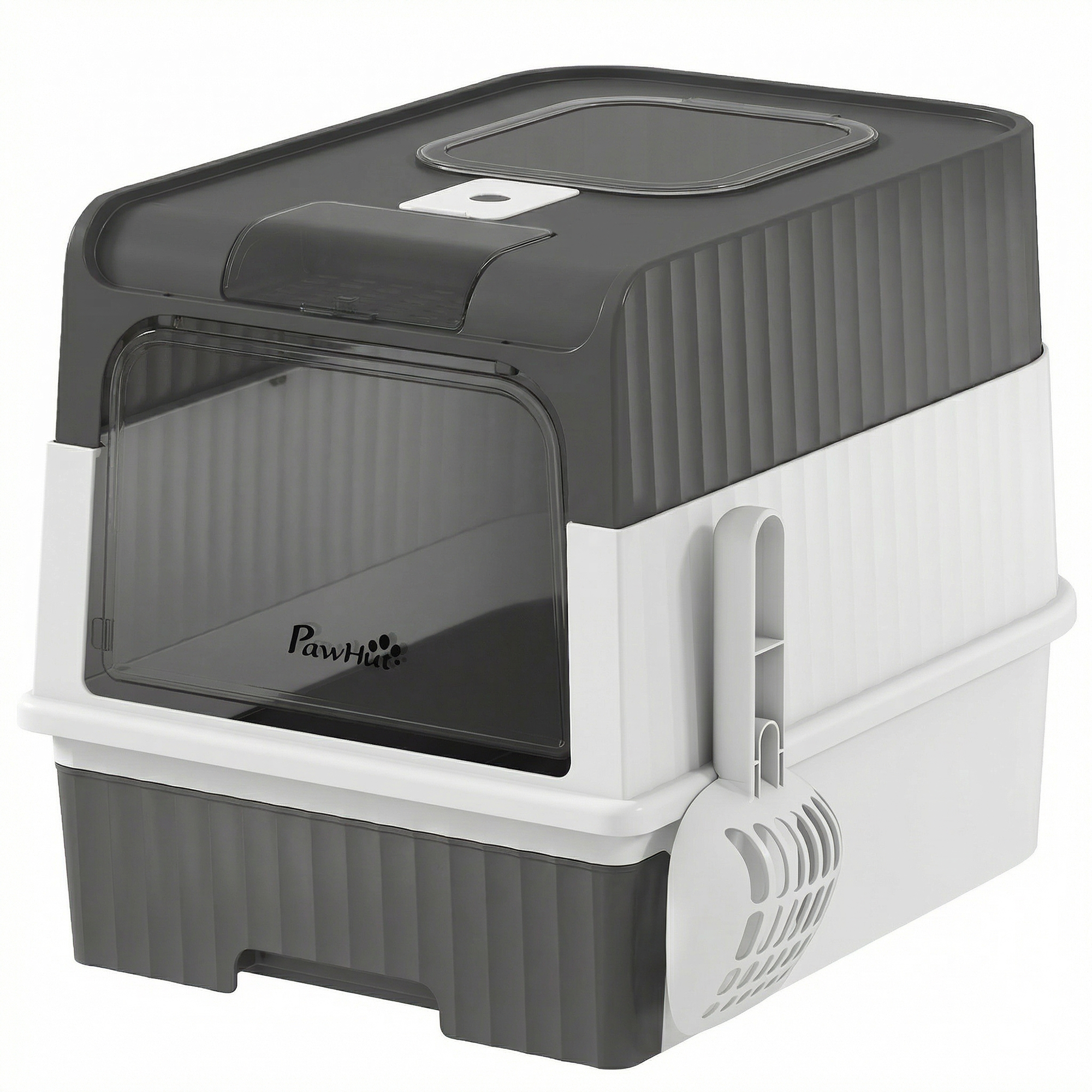 SANDHURST Enclosed Cat Litter Box with Pull Out Tray, Scoop, Front Entry and Top Exit - Grey, White and Black - Life Essentials