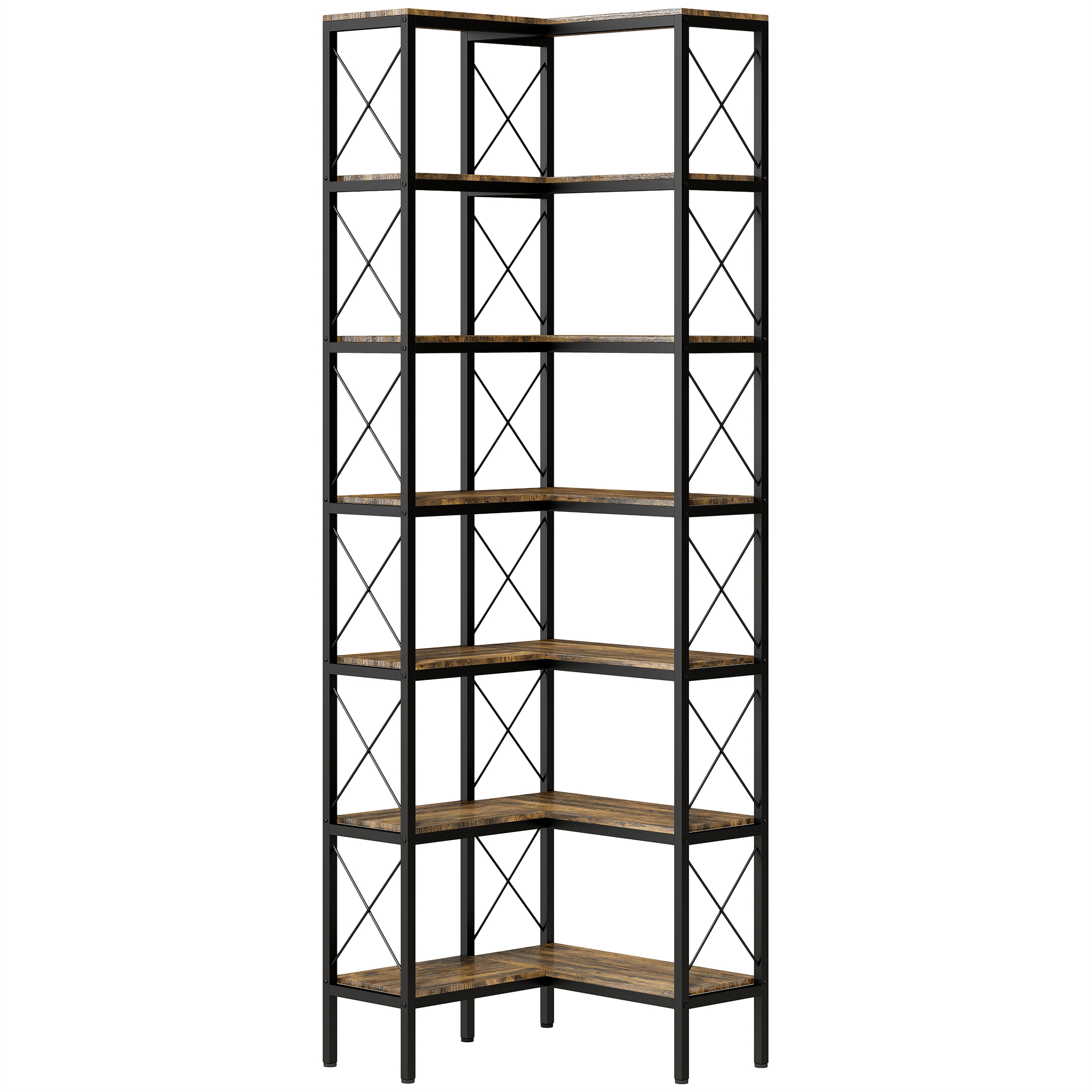 BELON 6 Tier L Shaped Corner Bookcase with Metal Frame - Rustic Brown and Black - Life Essentials