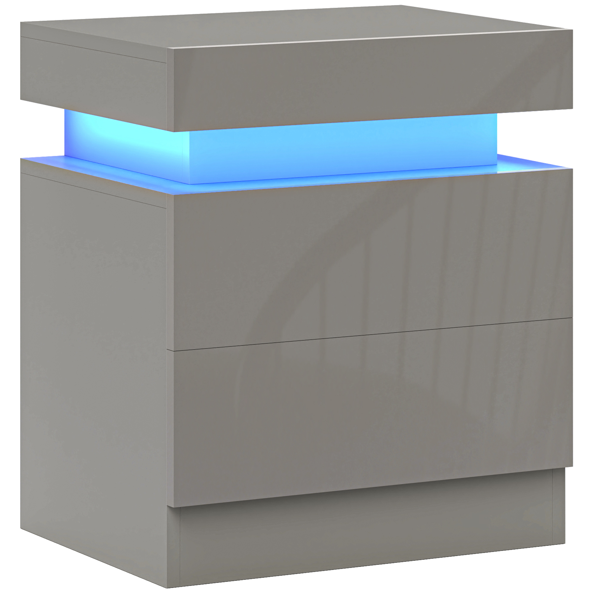 CHATSWORTH High Gloss Bedside Table with LED Light and 2 Drawers - Grey - Life Essentials