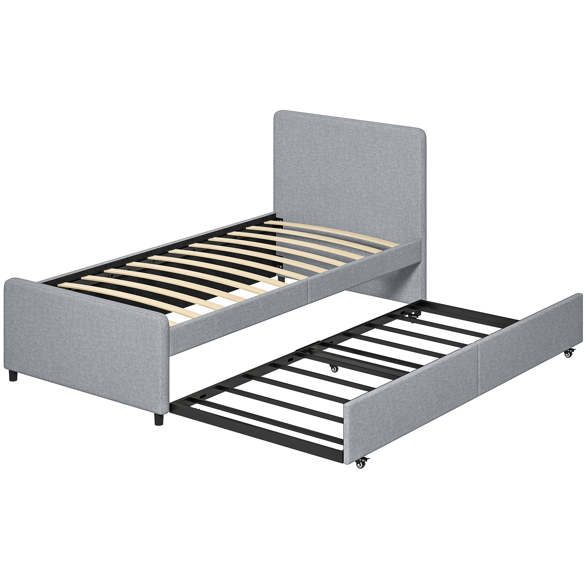 KESGRAVE Single Upholstered Bedframe with Pull Out Trundle, Headboard and Footboard - Black and Light Grey - Life Essentials