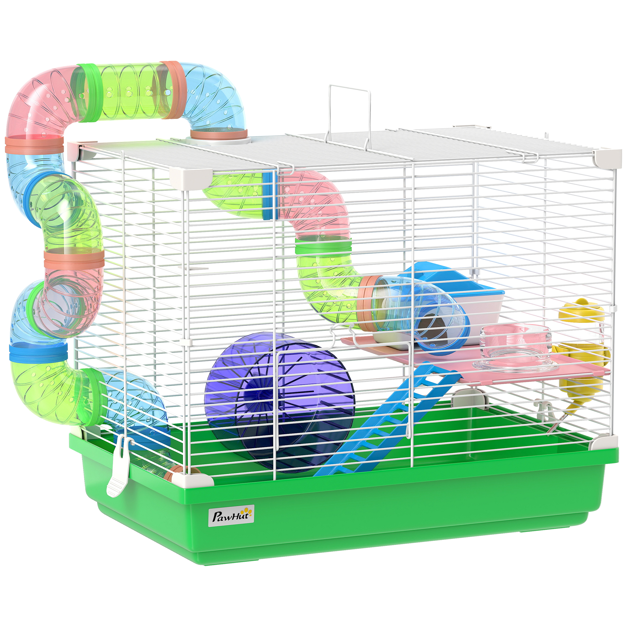 KENSHAW 2 Tier Hamster and Gerbil Cage with Wheels, Tunnel, Bottle, Dishes and Ladder - Green and White - Life Essentials
