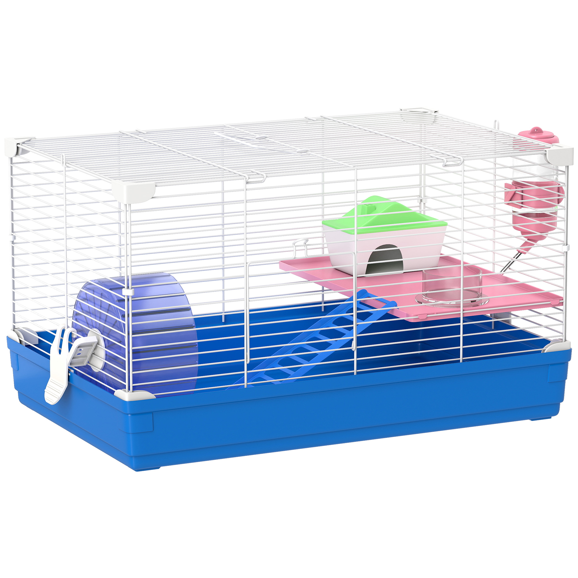 TISBURY 2 Tier Portable Hamster and Gerbil Cage with Wheel, Bottle, Dishes and Handle - Blue and White - Life Essentials