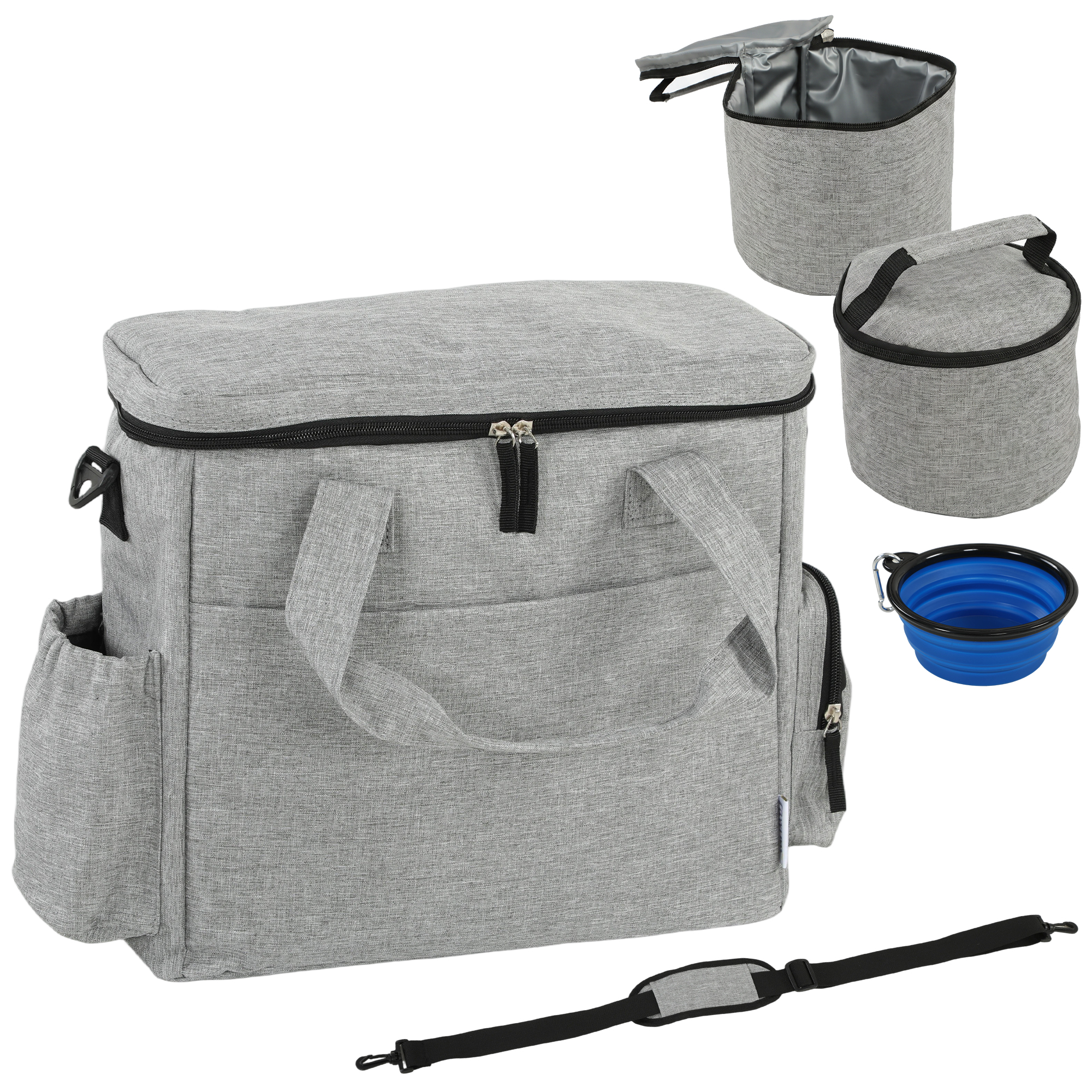 CLEARWELL Waterproof Dog Travel Bag with Food Containers, Collapsible Bowl and Multiple Pockets - Light Grey - Life Essentials