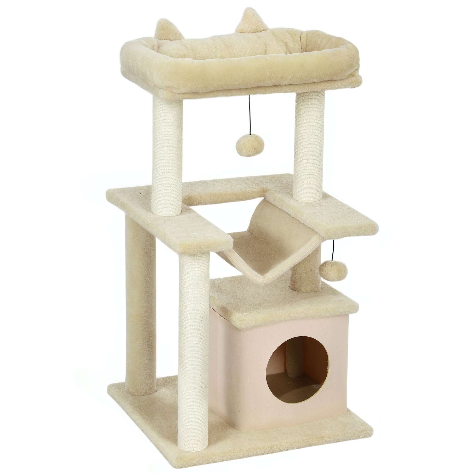 WANTAGE 90 cm Cat Tree with Scratching Posts, Condo, Hammock, Perch and 2 Toys - Beige - Life Essentials