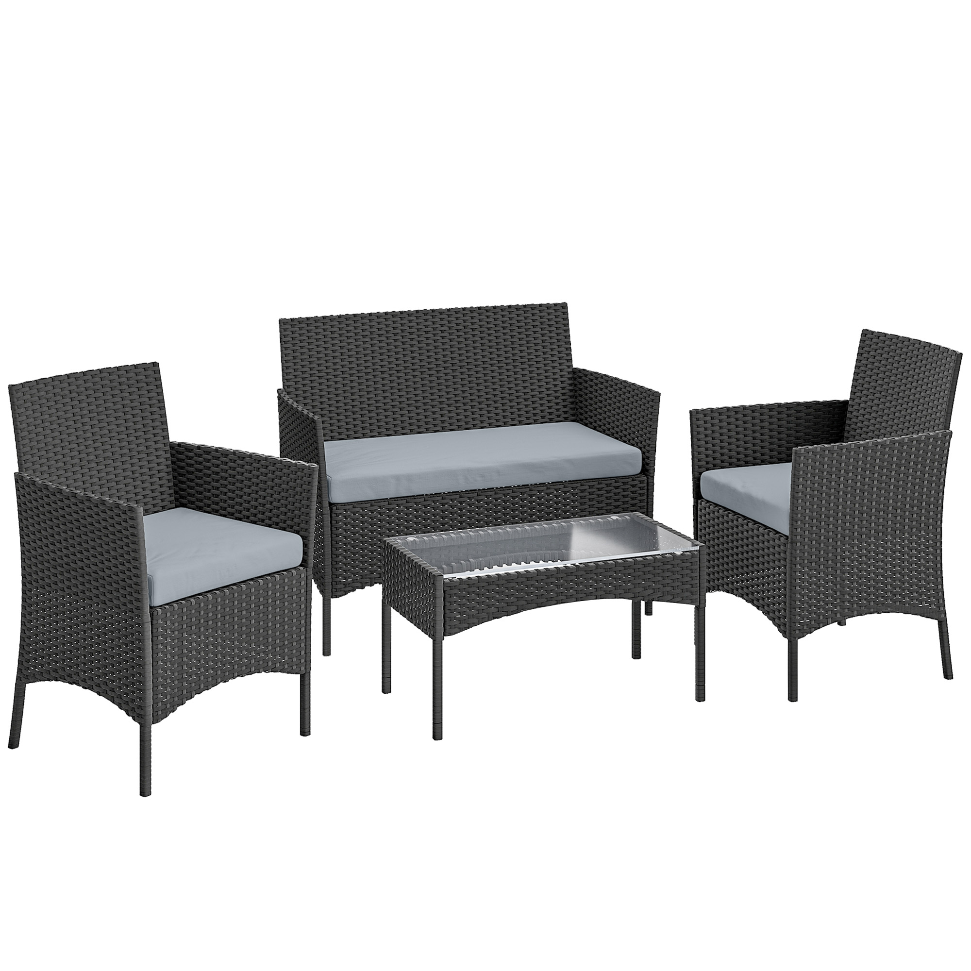 GLYCROF 4 Piece Rattan Garden Furniture Set with Loveseat, Armchairs, Coffee Table and Cushions - Black and Grey - Life Essentials