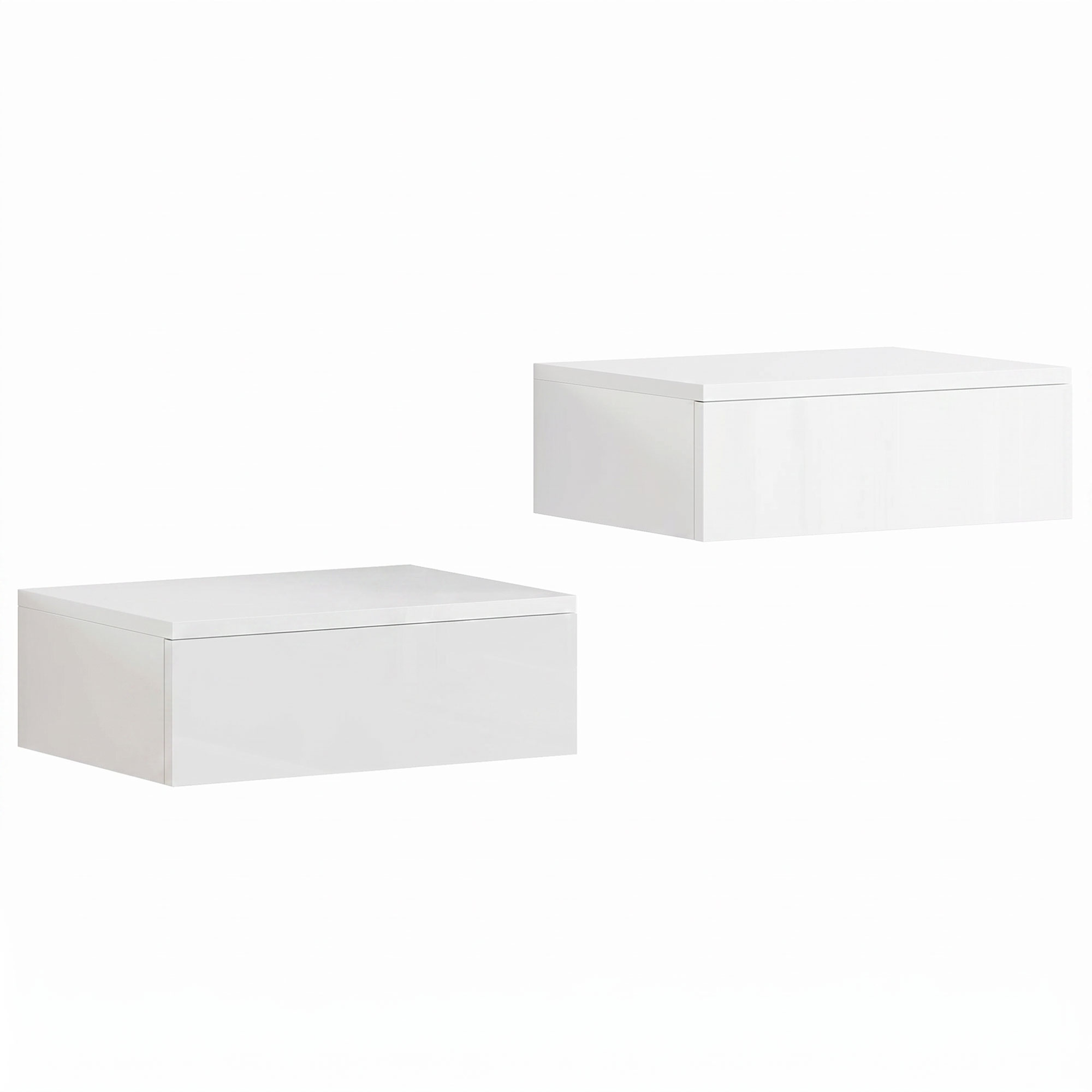 UPPINGHAM Set of 2 High Gloss Wall Mounted Floating Bedside Tables with Storage Drawers - White - Life Essentials