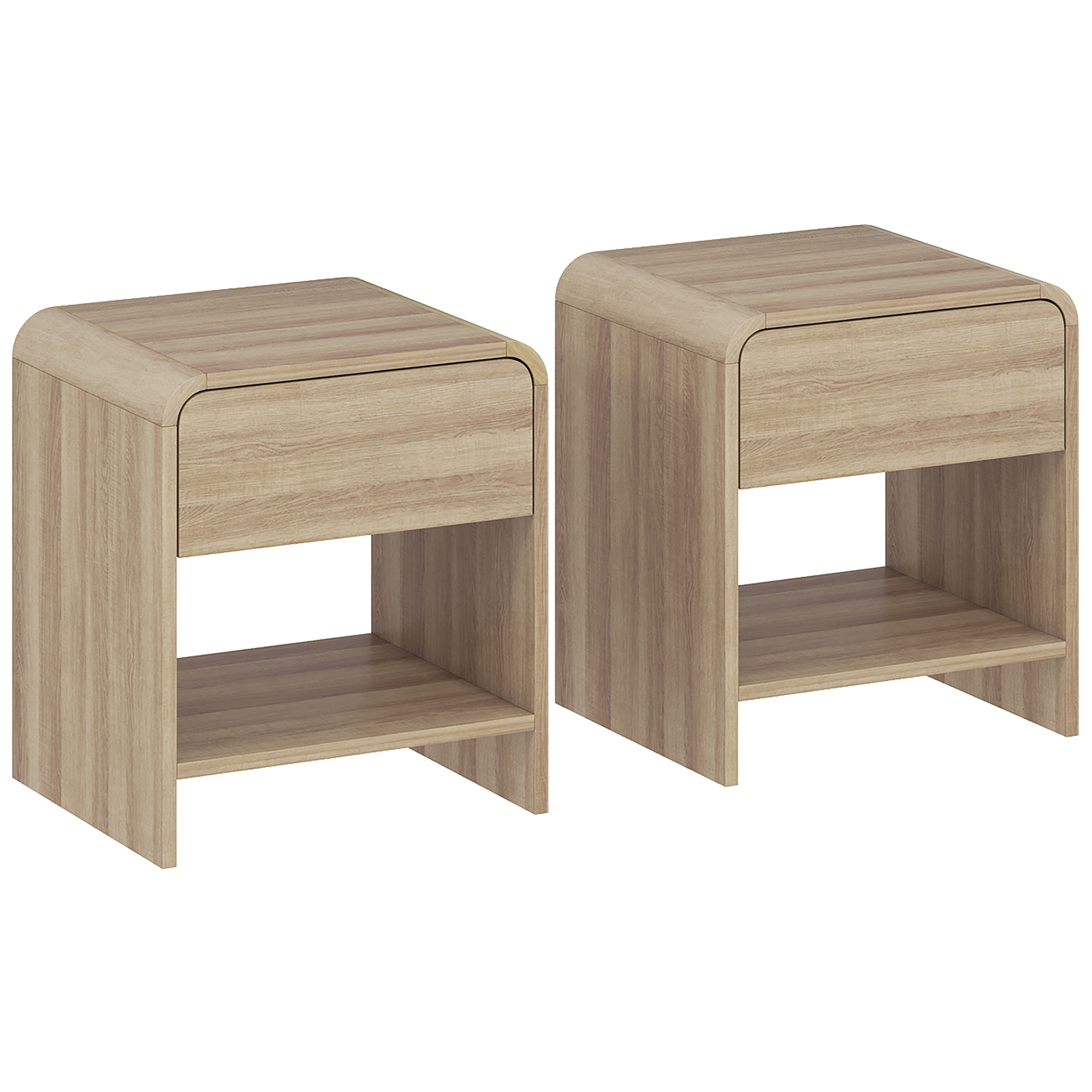 UTTOXETER Set of 2 Bedside Tables with Rounded Corners and Silent Drawers - Natural Wood - Life Essentials