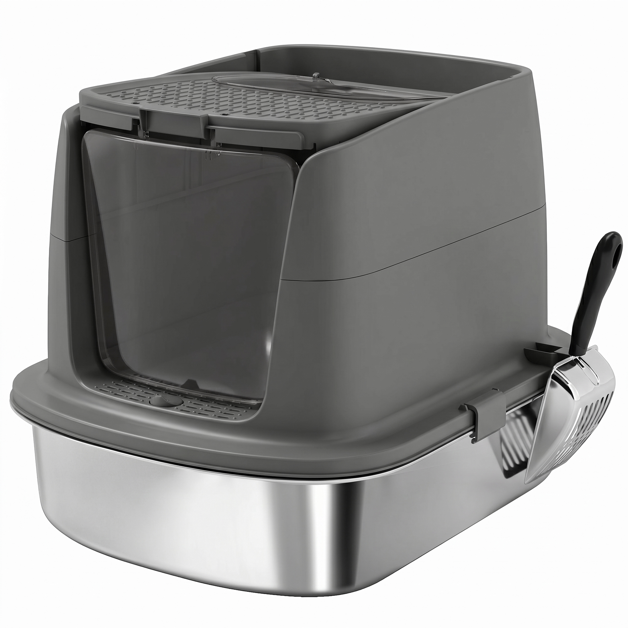 KENLEY Large Stainless Steel Enclosed Cat Litter Box with Scoop, Front Entry and Top Exit - Dark Grey and Black - Life Essentials