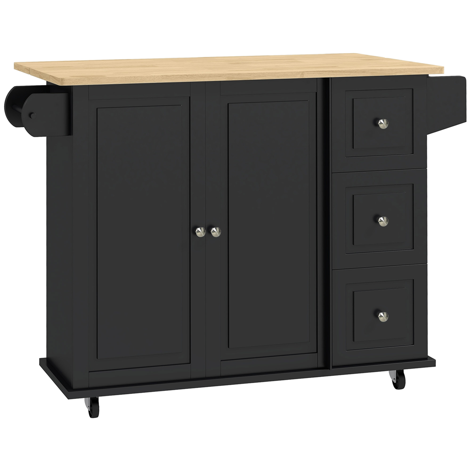 HANBURY Rolling Kitchen Island with Drop Leaf, 3 Drawers and Storage Cabinet - Black and Natural - Life Essentials