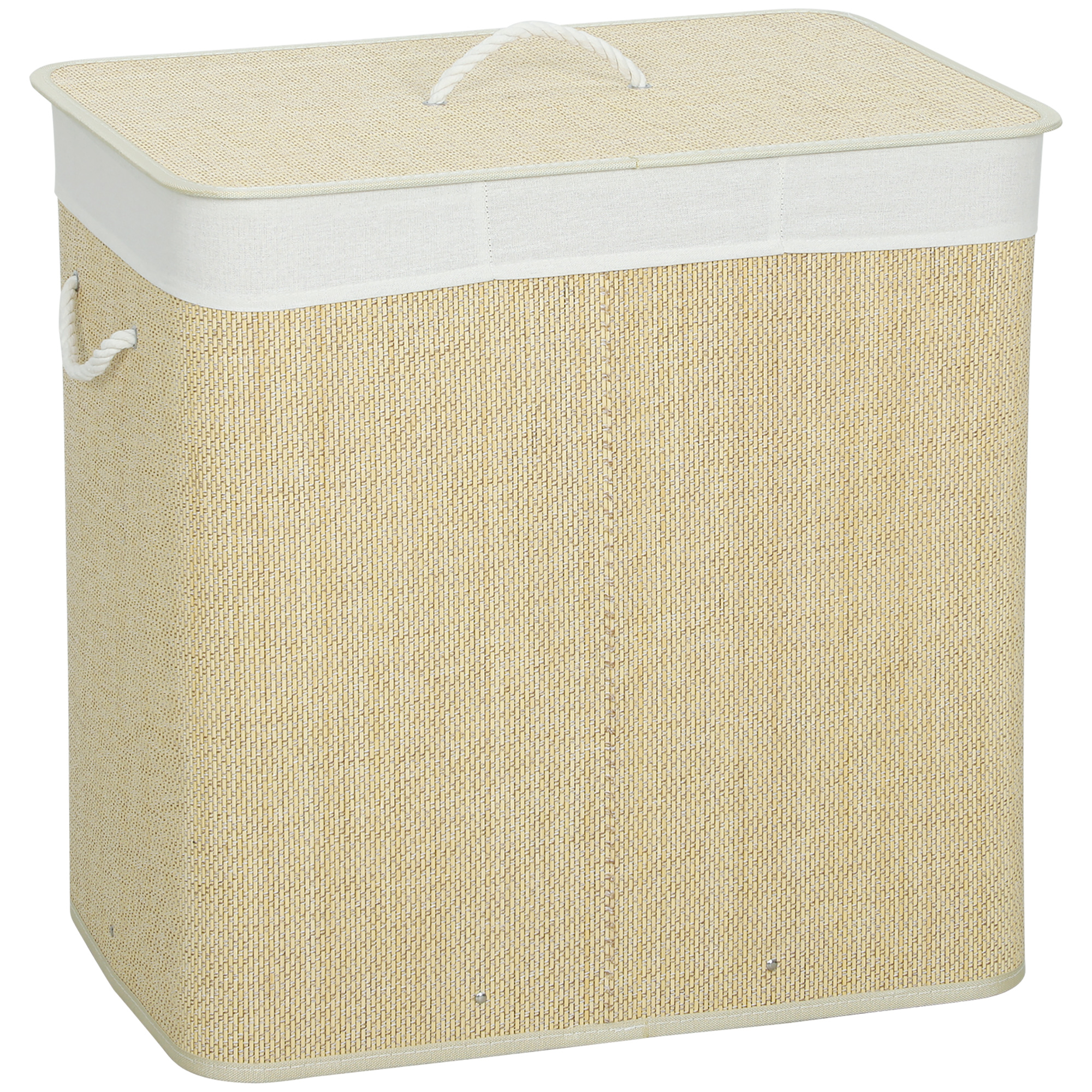 DUNSTER 144L Bamboo Laundry Basket with Lid, 3 Sections, Handles and Washable Liner - Cream White - Life Essentials