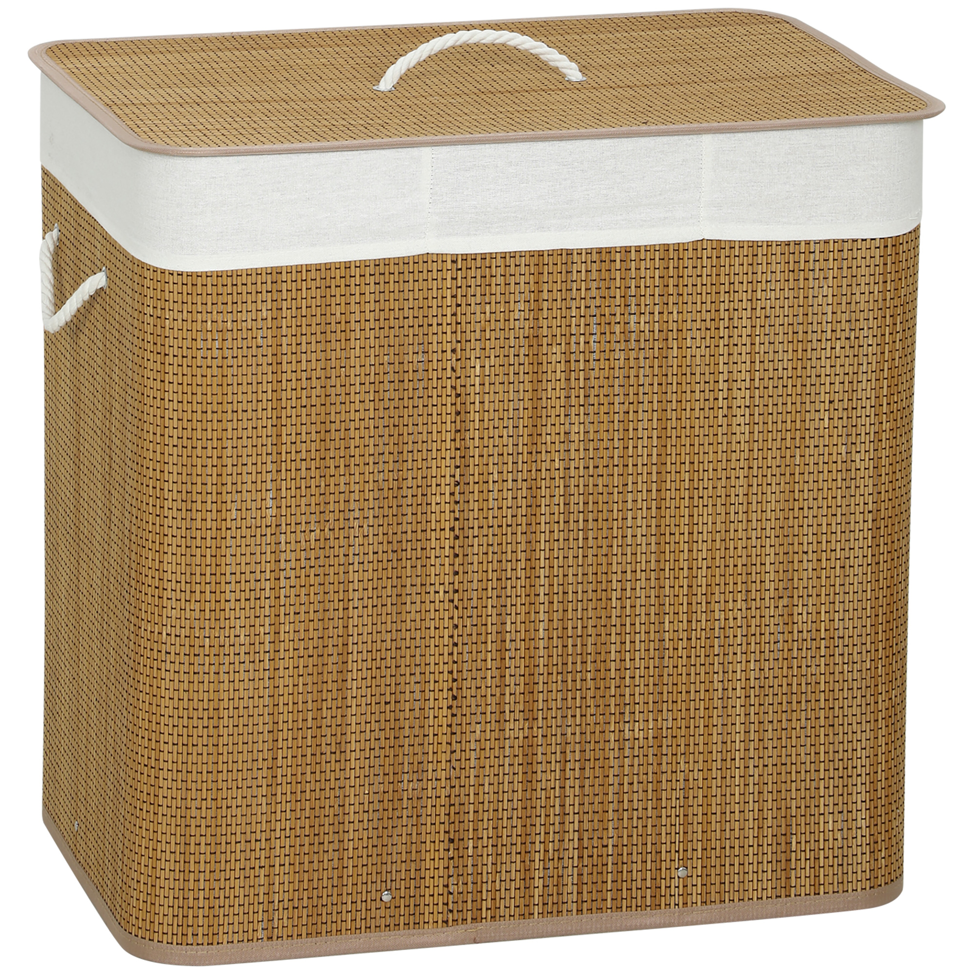 DUNSTER 144L Bamboo Laundry Basket with Lid, 3 Sections, Handles and Washable Liner - Brown - Life Essentials