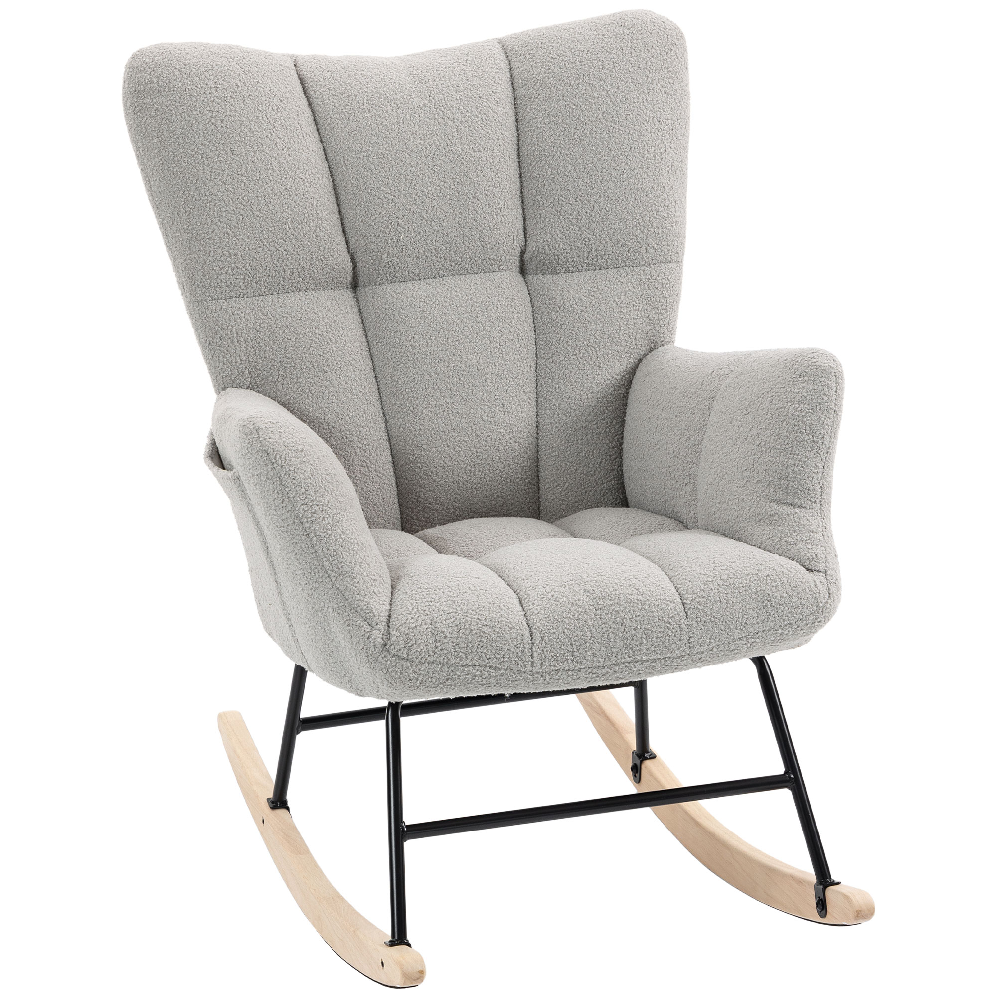 WILMSLOW Teddy Fleece Rocking Chair with Tufted Back, Side Pockets and Rubber Wood Legs - Light Grey - Life Essentials