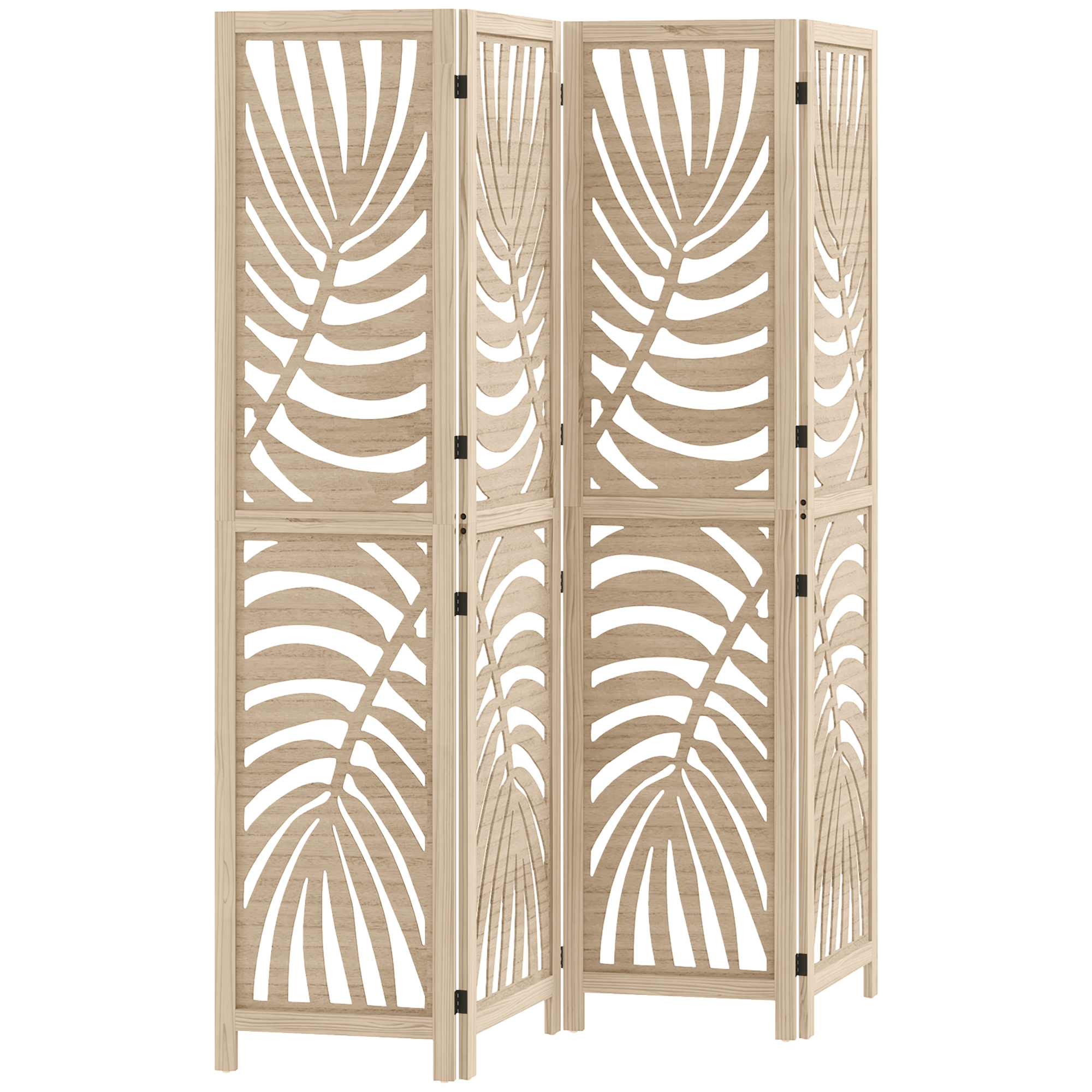 VORNCREST 4 Panel Folding Room Divider with Detachable Palm Leaf Privacy Screens - Natural Wood Finish - Life Essentials