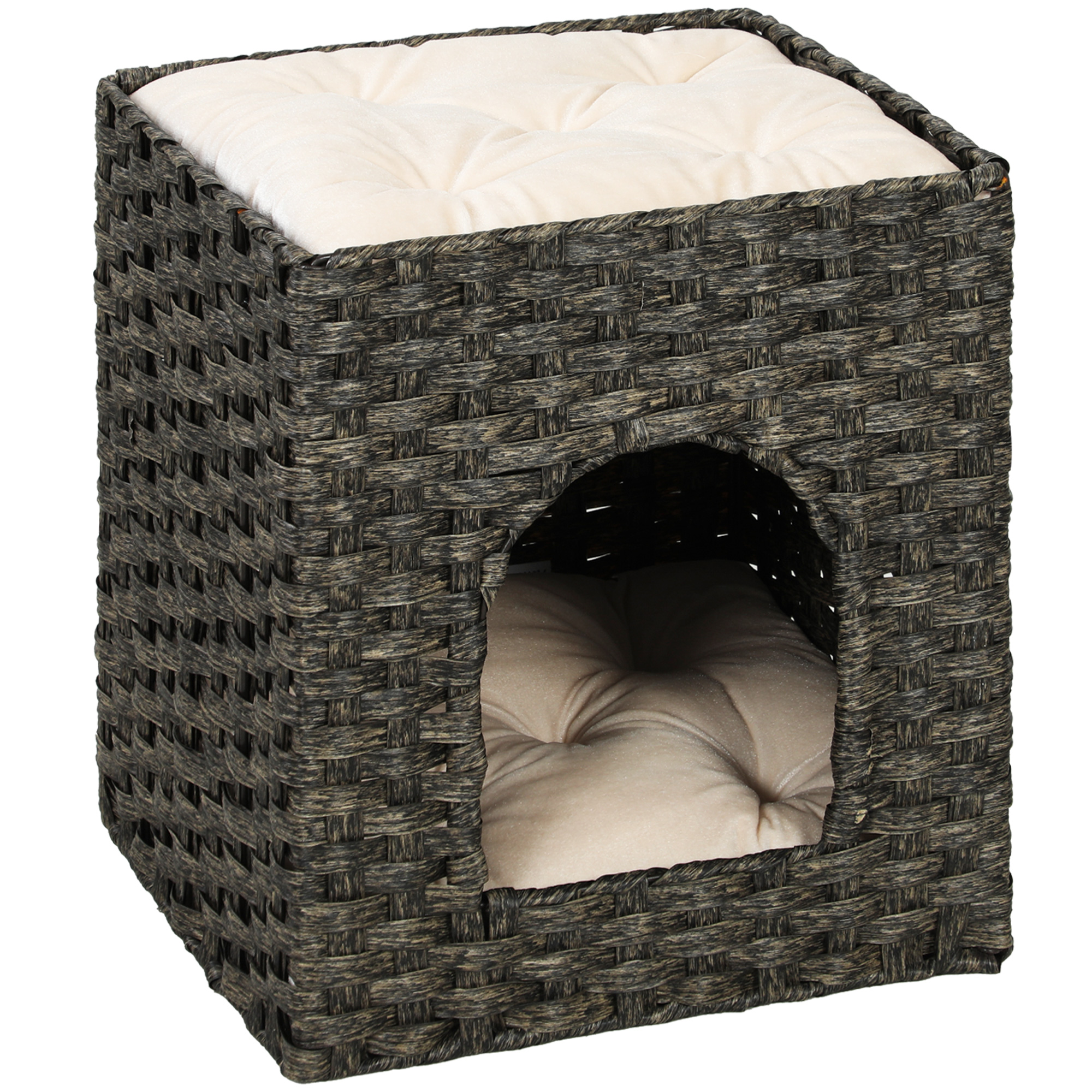DEDDINGTON 2 Tier Handwoven Wicker Cat House with Washable Cushions - Grey and Beige - Life Essentials