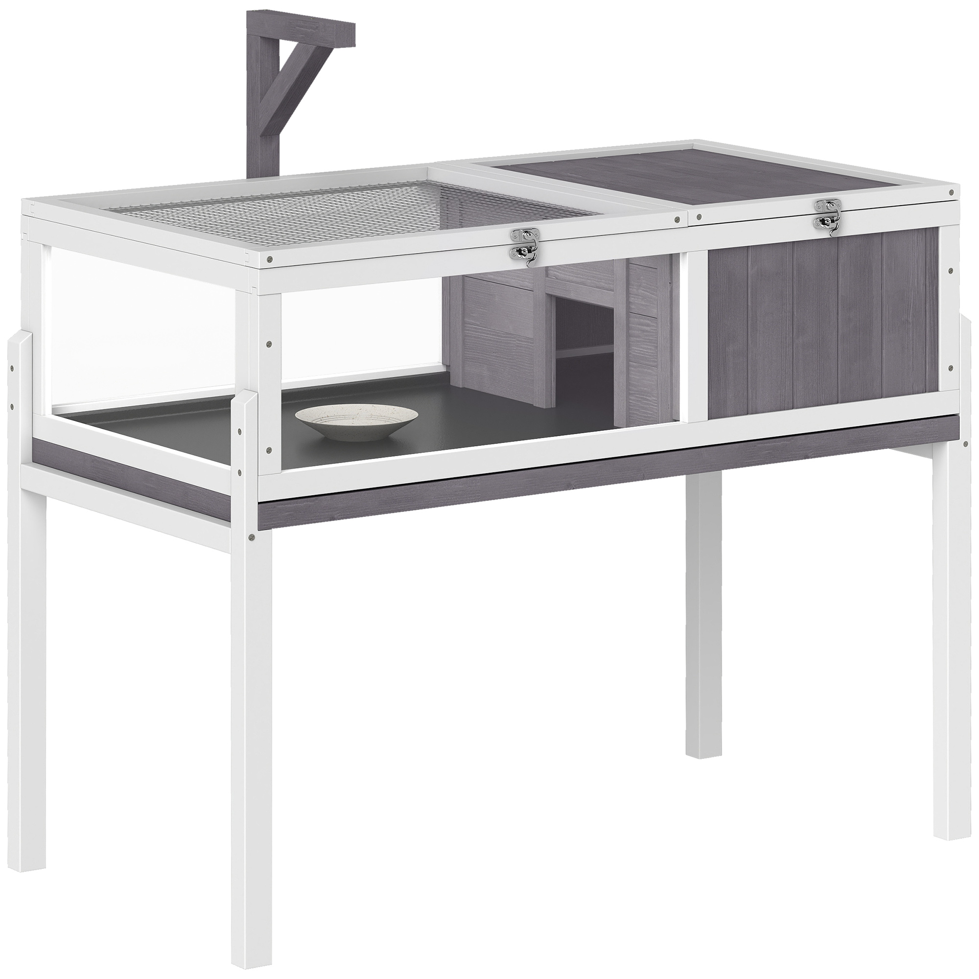BODIAM Wooden Tortoise House with Dual Zone Habitat, Clear Panels and Openable Mesh Top - White and Grey - Life Essentials