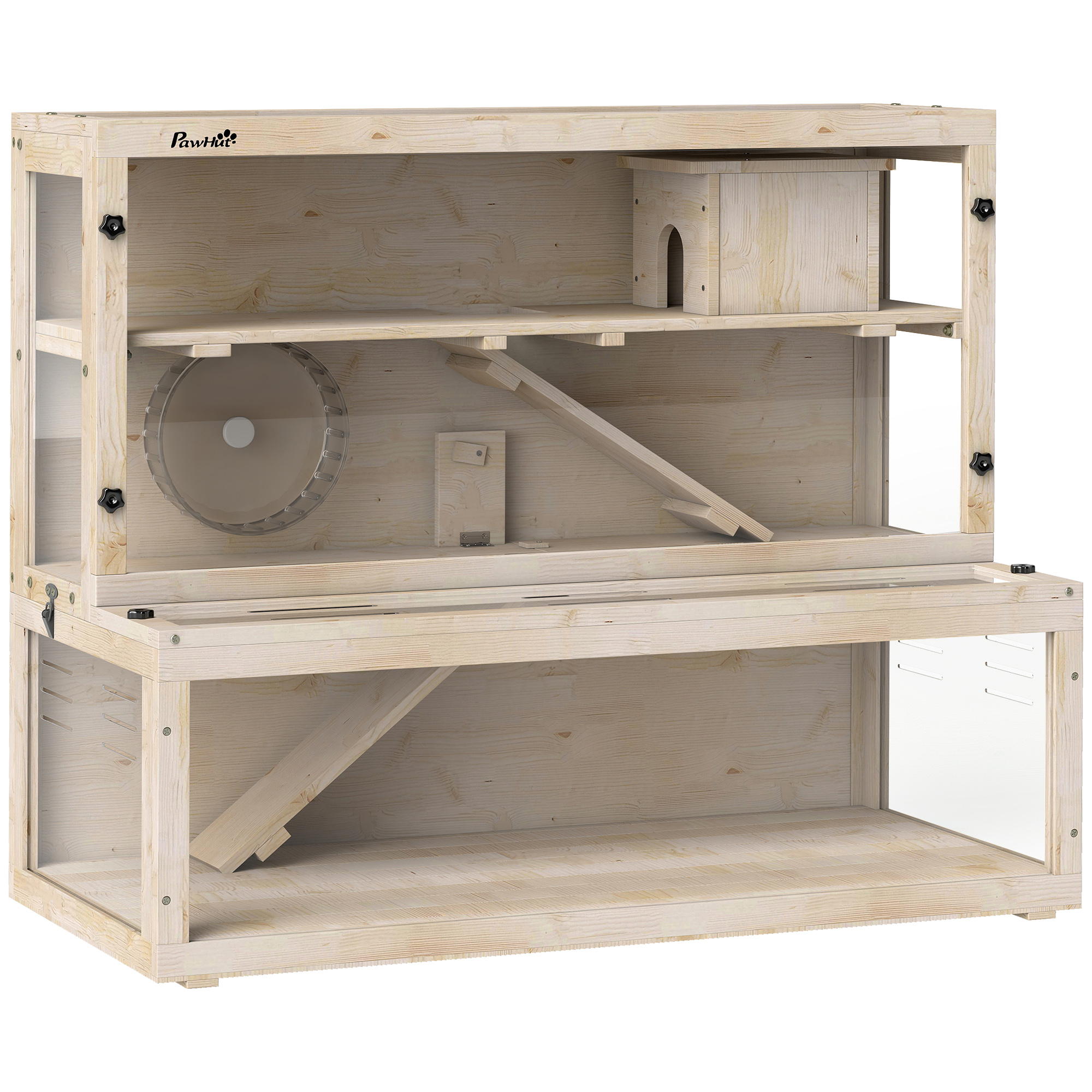 OAKTHOR 100 x 50 x 84 cm Wooden Hamster Cage with Hut, Wheel, Ramps and Viewing Panels - Natural - Life Essentials